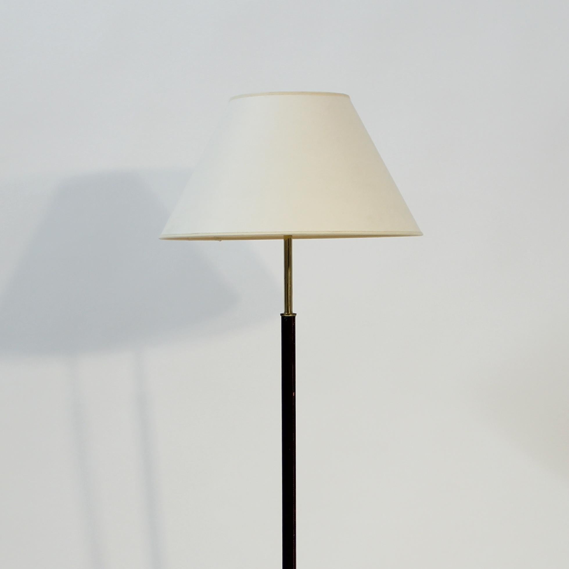 20th Century Swedish mid-century floor lamp in teak, brass and leather, 1960s For Sale