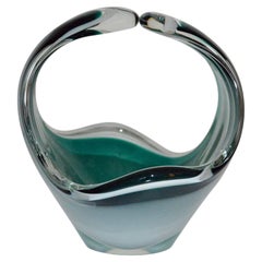Swedish Midcentury Green Art Glass Basket Centerpiece by Flygsfors