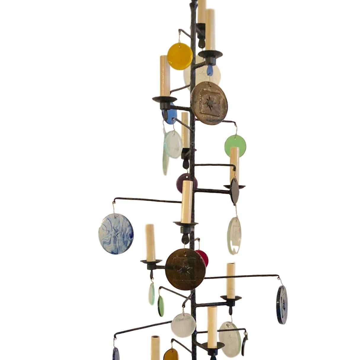 A tall circa 1960s Swedish wrought iron and art glass chandelier.

Measurements:
Height: 72.5