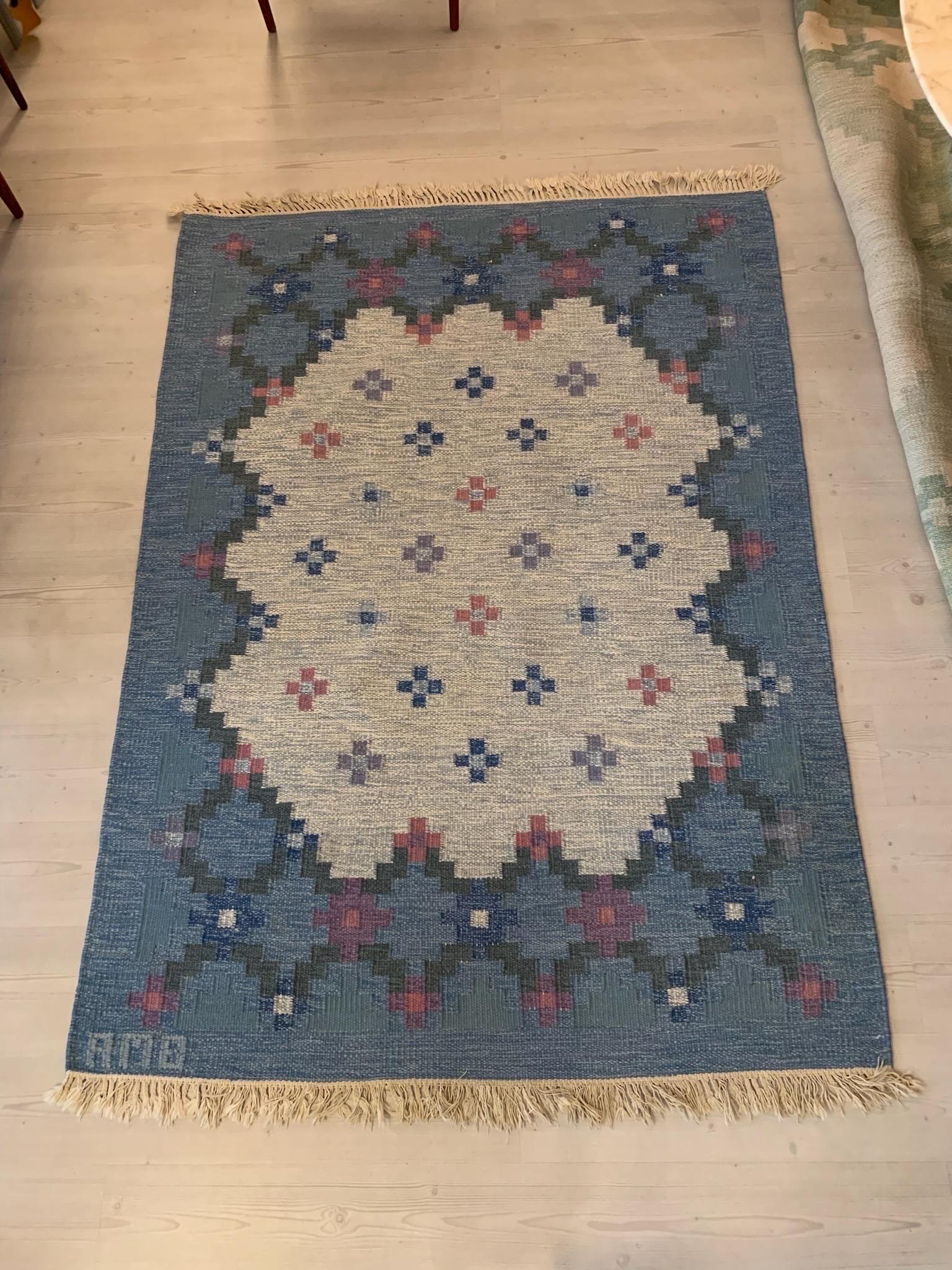 Scandinavian Modern Swedish Mid-Century Kilim by Anne-Marie Boberg 1950s with Blue Patterns For Sale