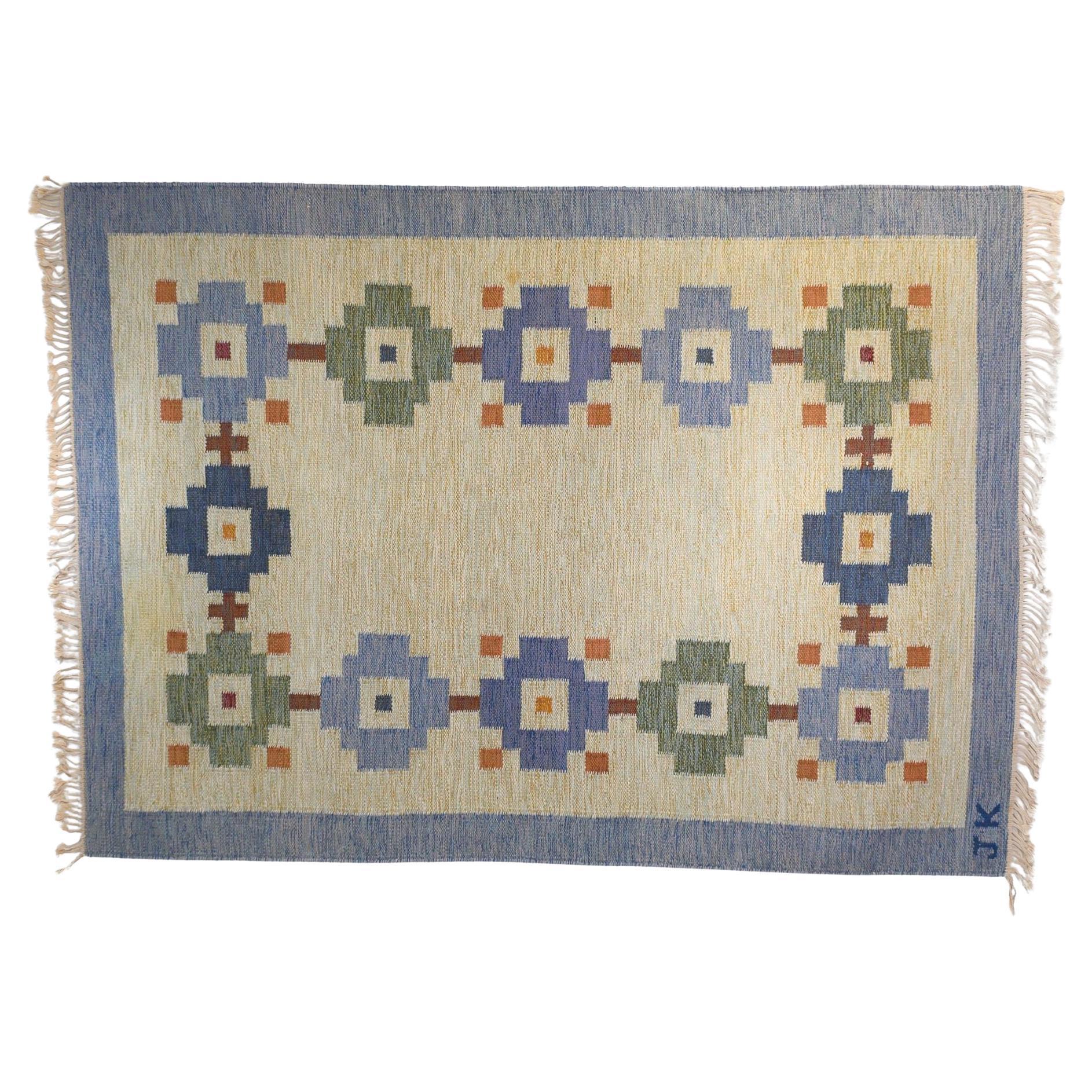 Swedish Mid-Century Kilim Signed J.K