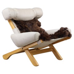 Swedish Mid-Century Lounge Armchair in Blond Oak and Canvas, 1950s