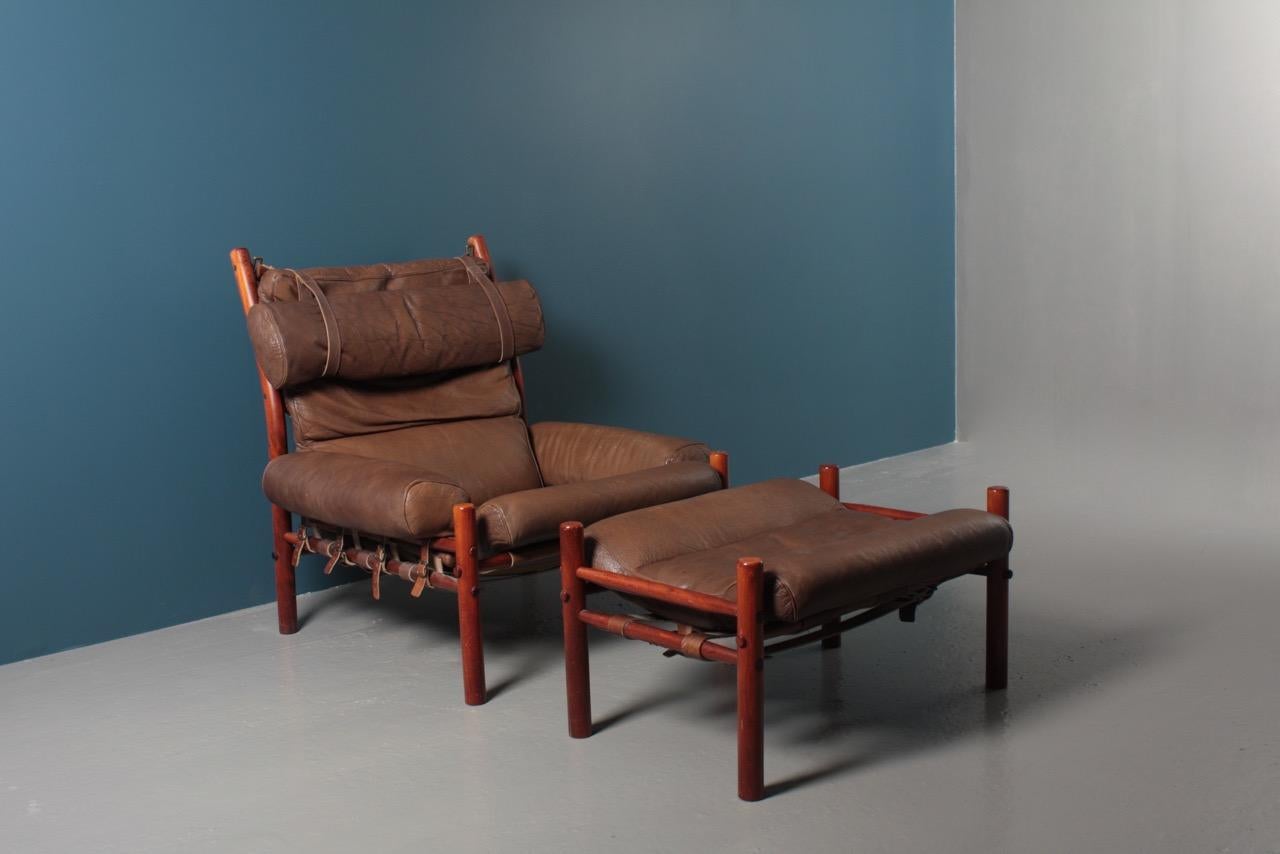 Swedish Midcentury Lounge Chair and Ottoman in Patinated Leather by Arne Norell 4