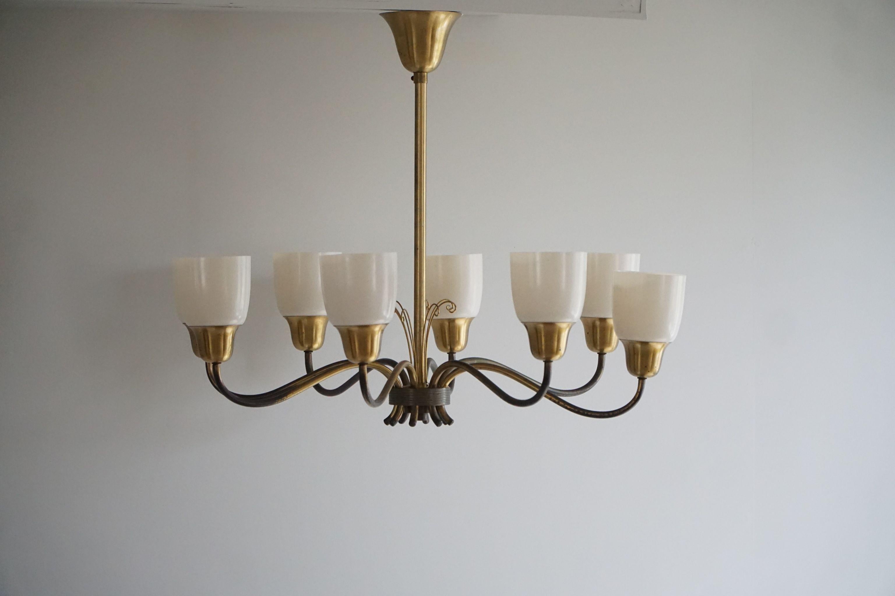 Swedish Mid Century Modern, 8 Arm Chandelier, Brass, Sweden, 1950s 11