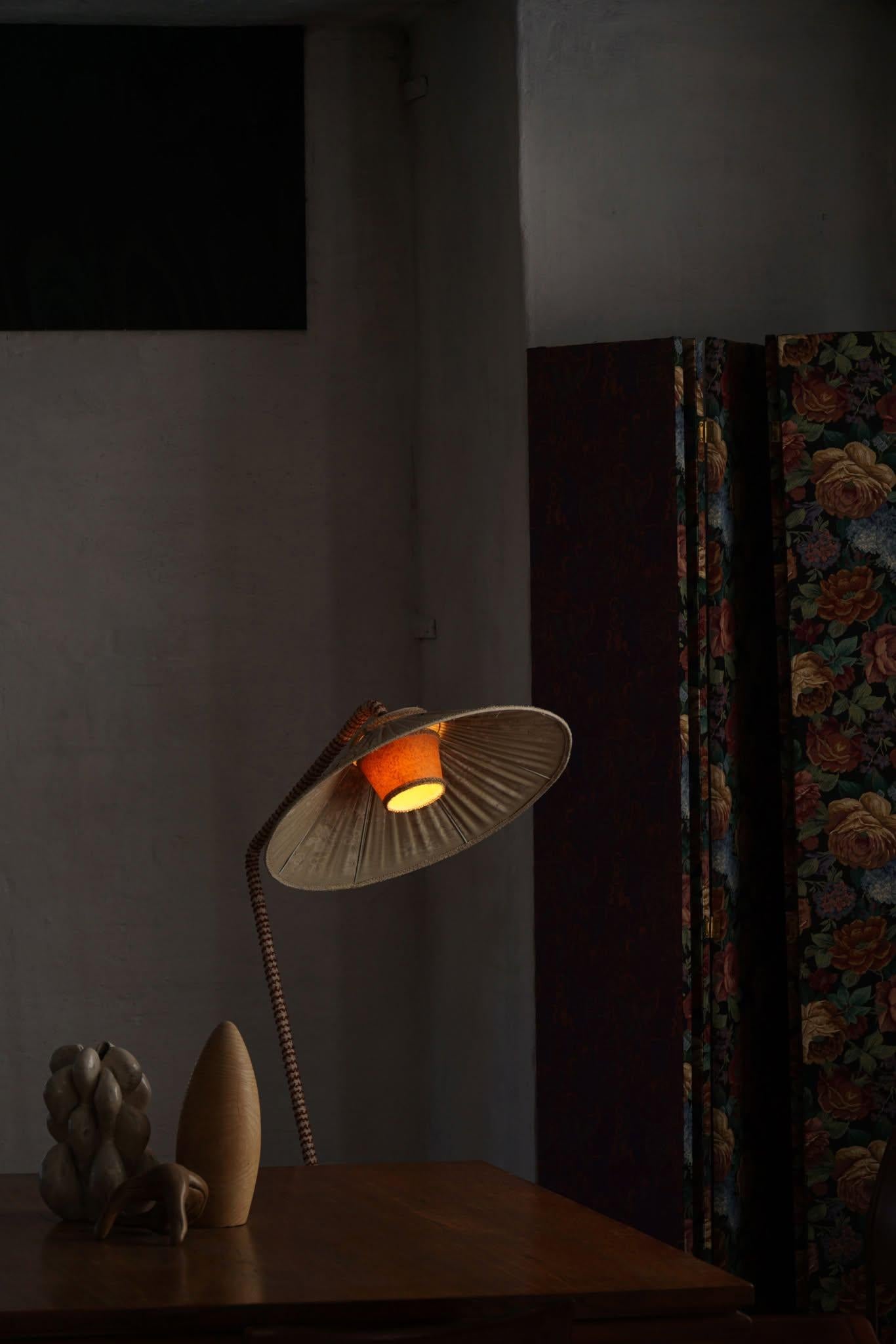 Swedish Mid Century Modern, A Sculptural Floor Lamp in Textile & Teak, 1950s 3