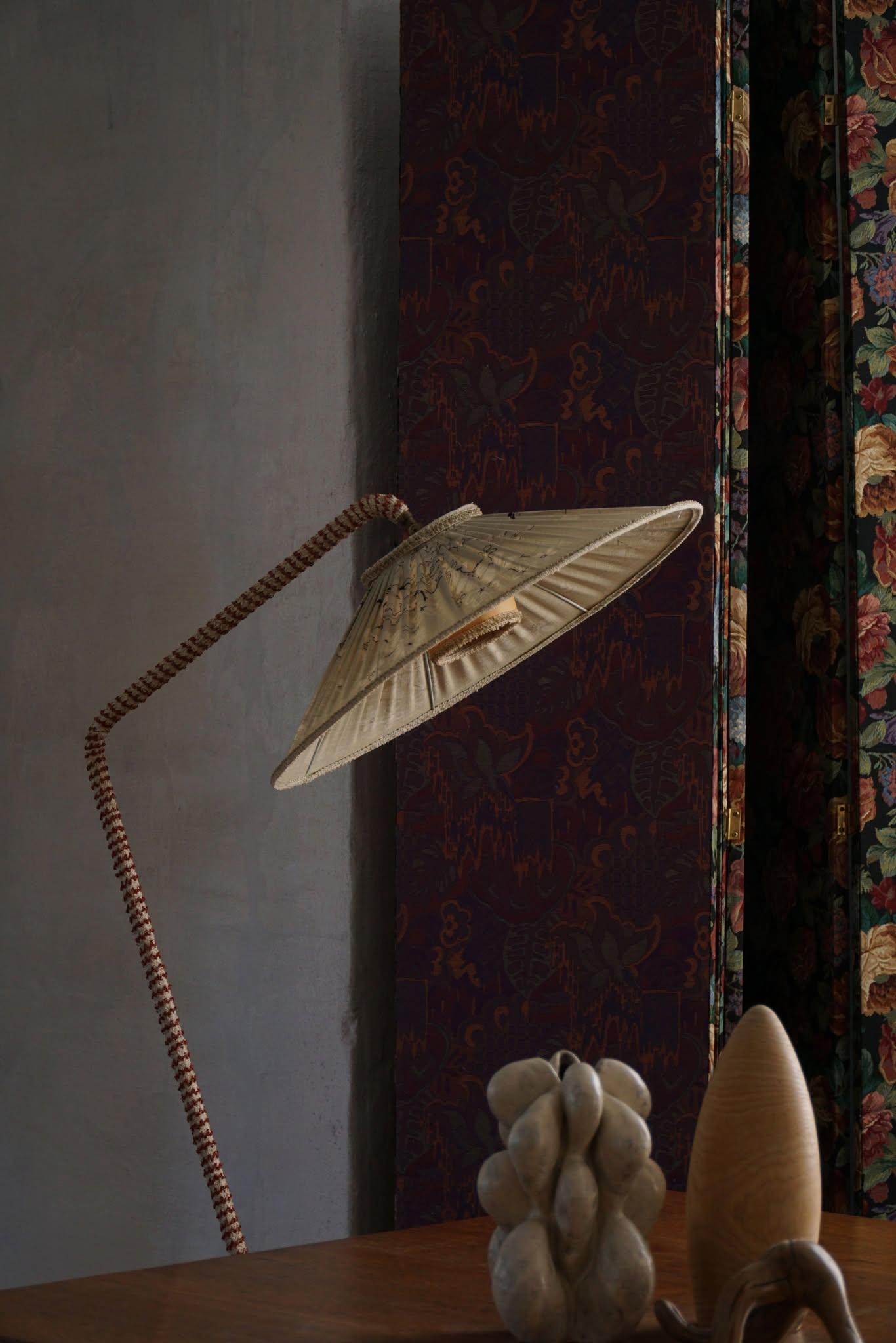 Swedish Mid Century Modern, A Sculptural Floor Lamp in Textile & Teak, 1950s 4