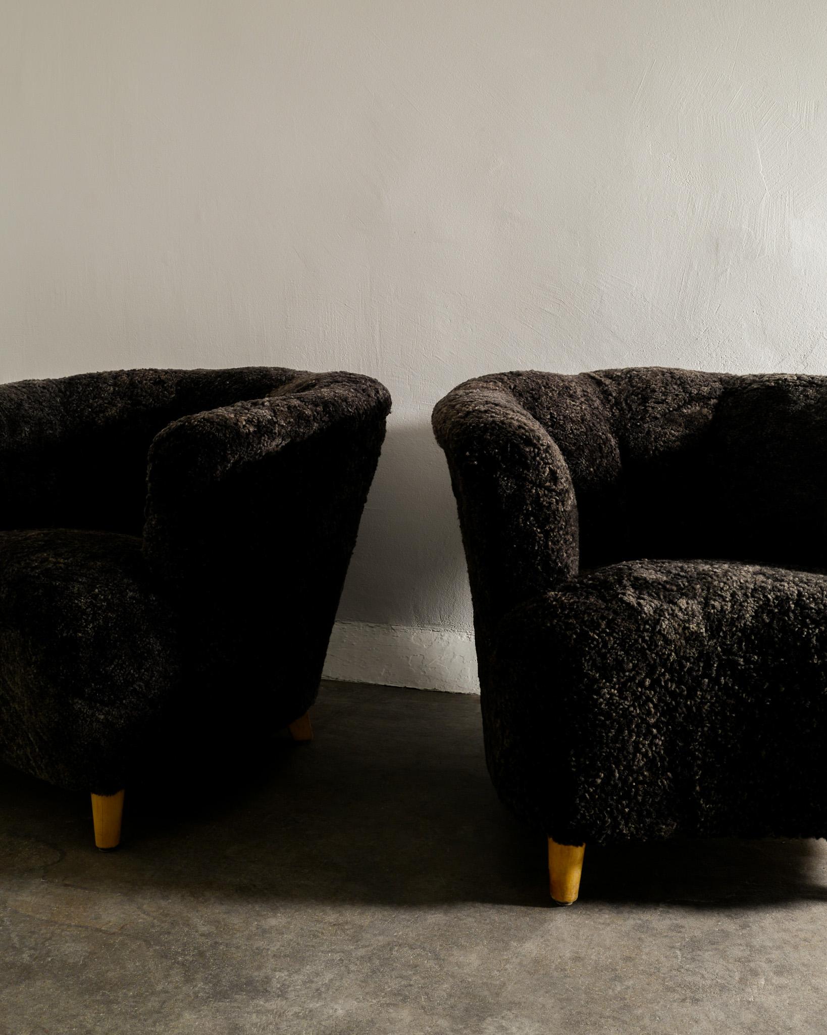 Scandinavian Modern Swedish MId Century Modern Armchairs in Dark Brown Sheepskin Produced 1940s
