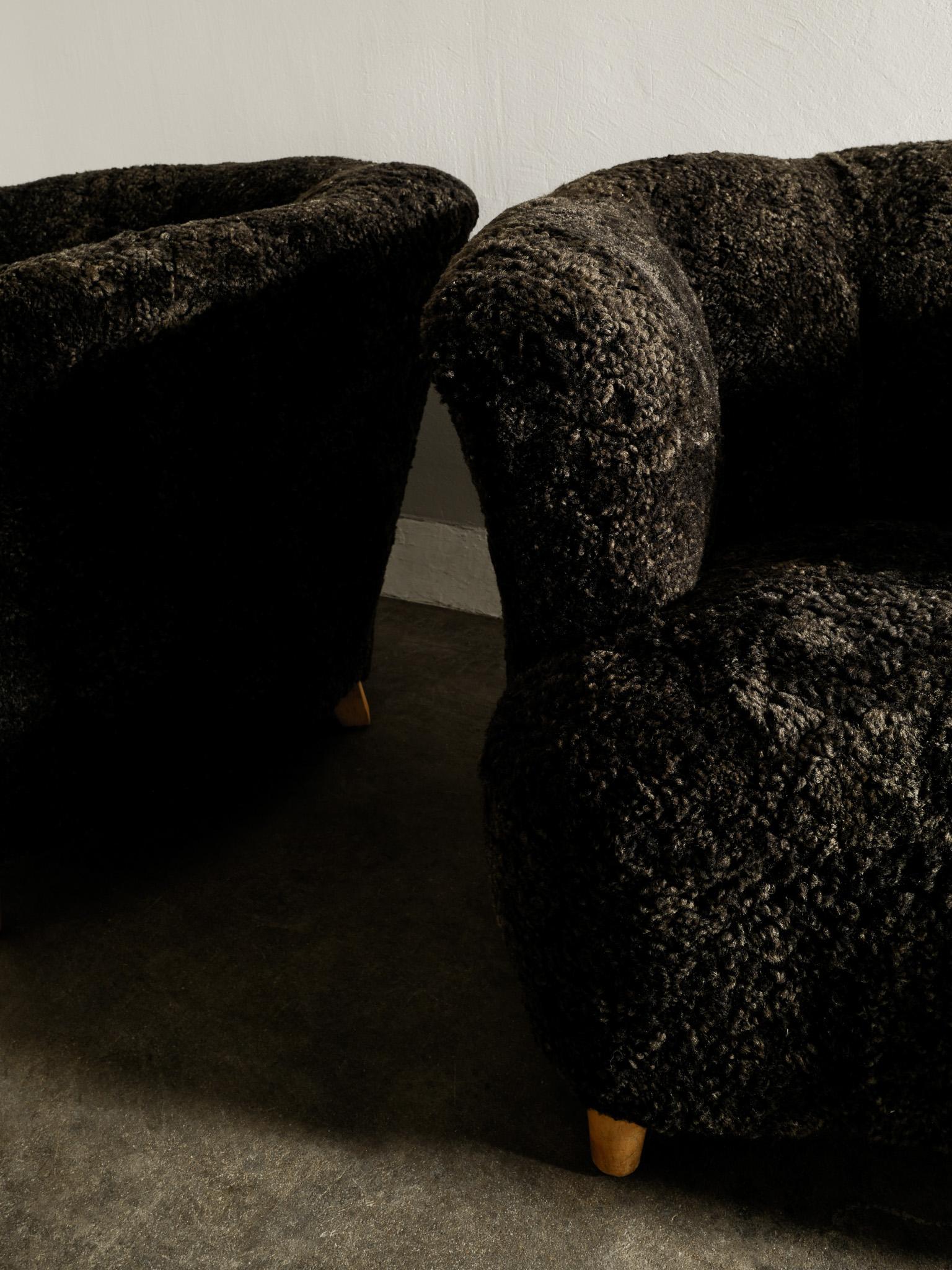 Swedish MId Century Modern Armchairs in Dark Brown Sheepskin Produced 1940s 1