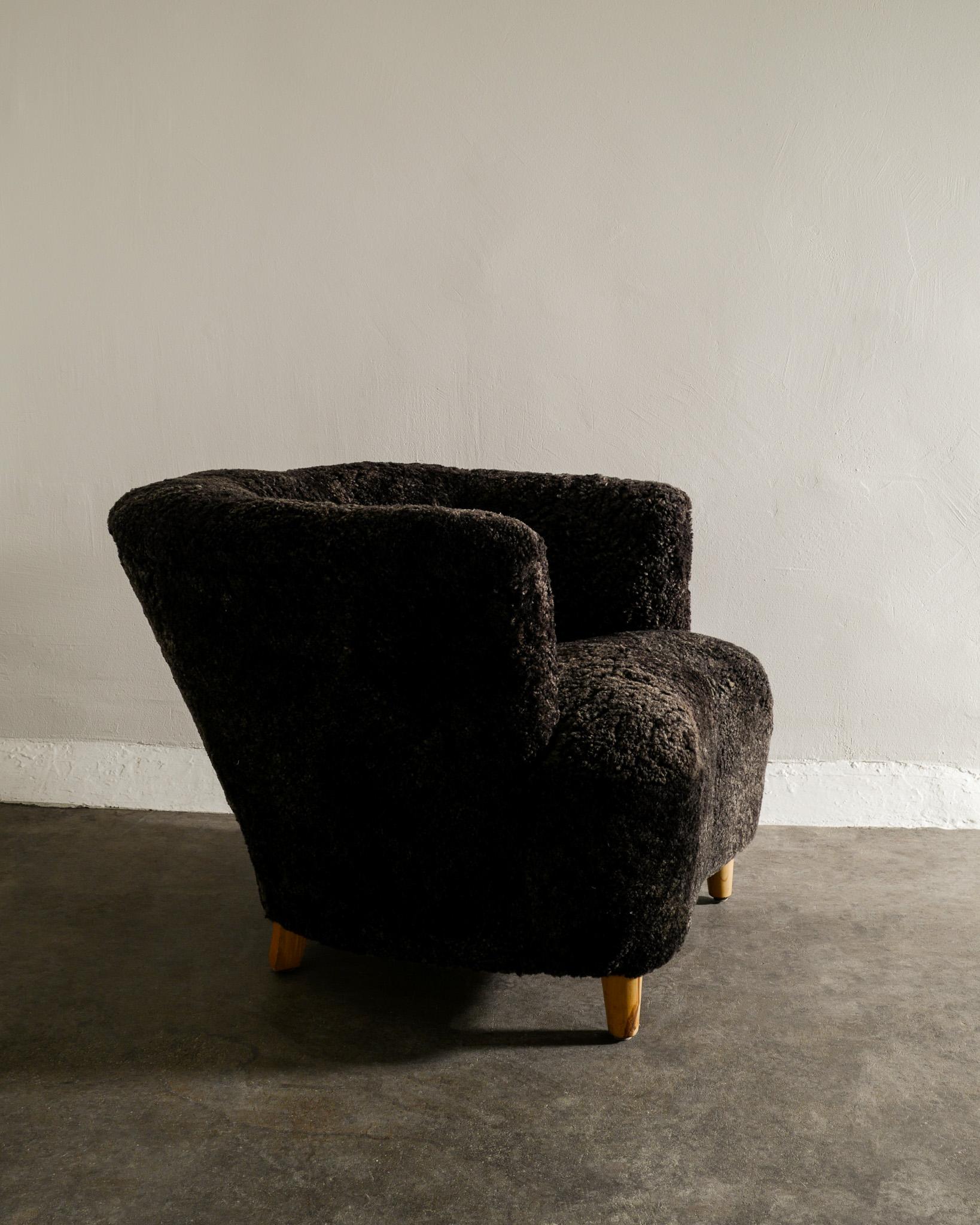 Swedish MId Century Modern Armchairs in Dark Brown Sheepskin Produced 1940s 2