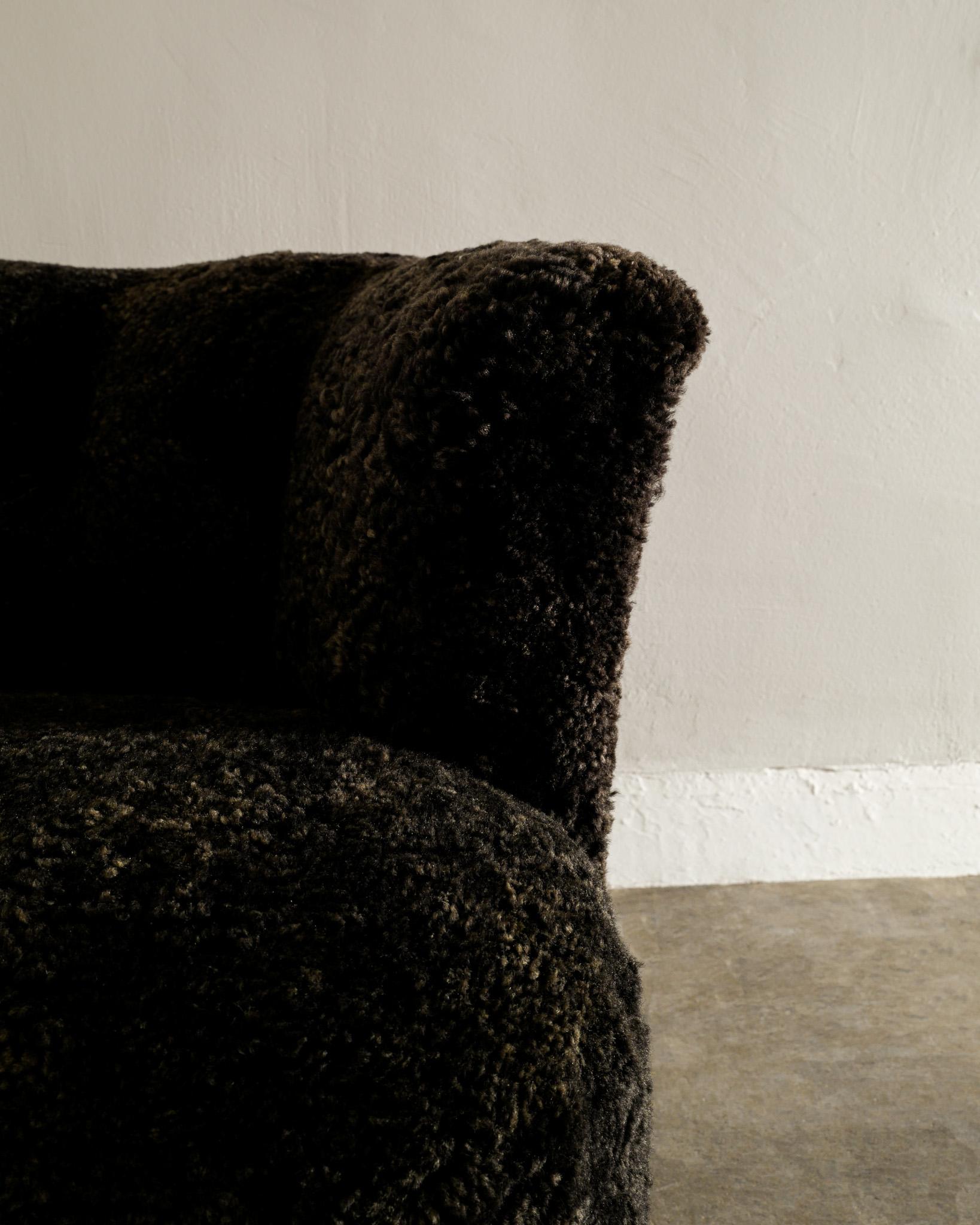 Swedish MId Century Modern Armchairs in Dark Brown Sheepskin Produced 1940s 3