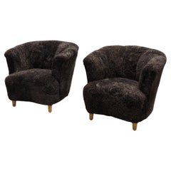 Swedish MId Century Modern Armchairs in Dark Brown Sheepskin Produced 1940s