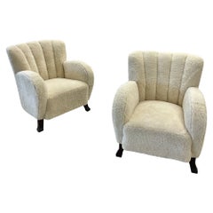 Swedish Mid-Century Modern, Art Deco Lounge Chairs, Sheepskin, Wood, 1930s