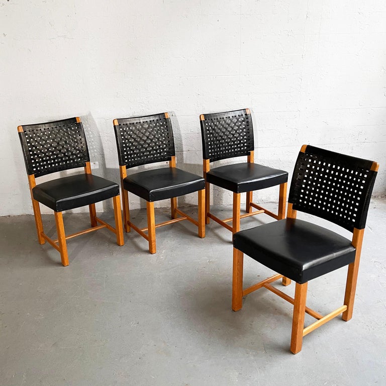 Swedish MidCentury Modern Black Woven Leather Dining Chairs For Sale