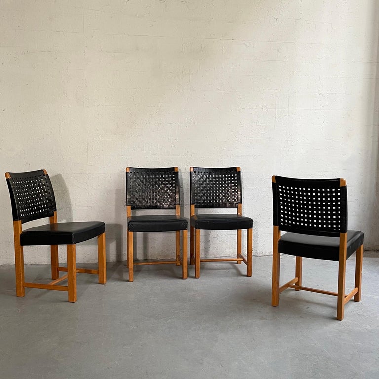 Swedish MidCentury Modern Black Woven Leather Dining Chairs For Sale