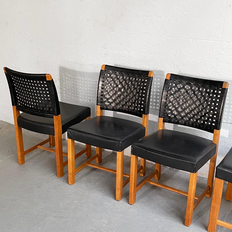 Swedish MidCentury Modern Black Woven Leather Dining Chairs For Sale