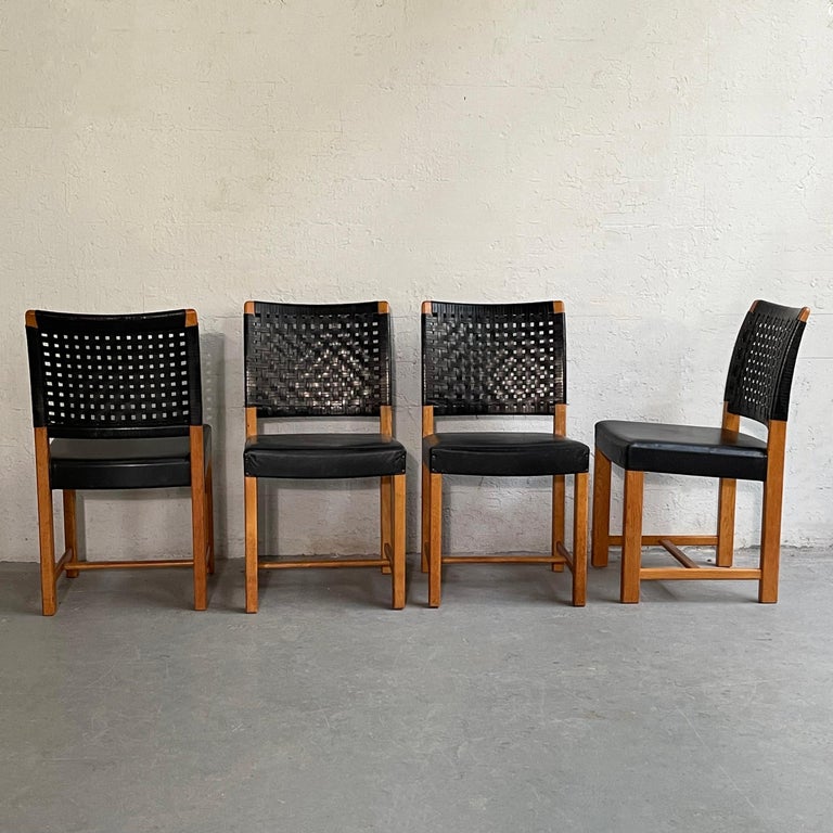 Swedish Mid-Century Modern Black Woven Leather Dining Chairs For Sale