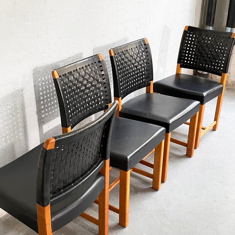 Swedish MidCentury Modern Black Woven Leather Dining Chairs For Sale