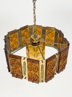 Swedish Mid-Century Modern Brass and Amber glass Pendant Light, 1960s