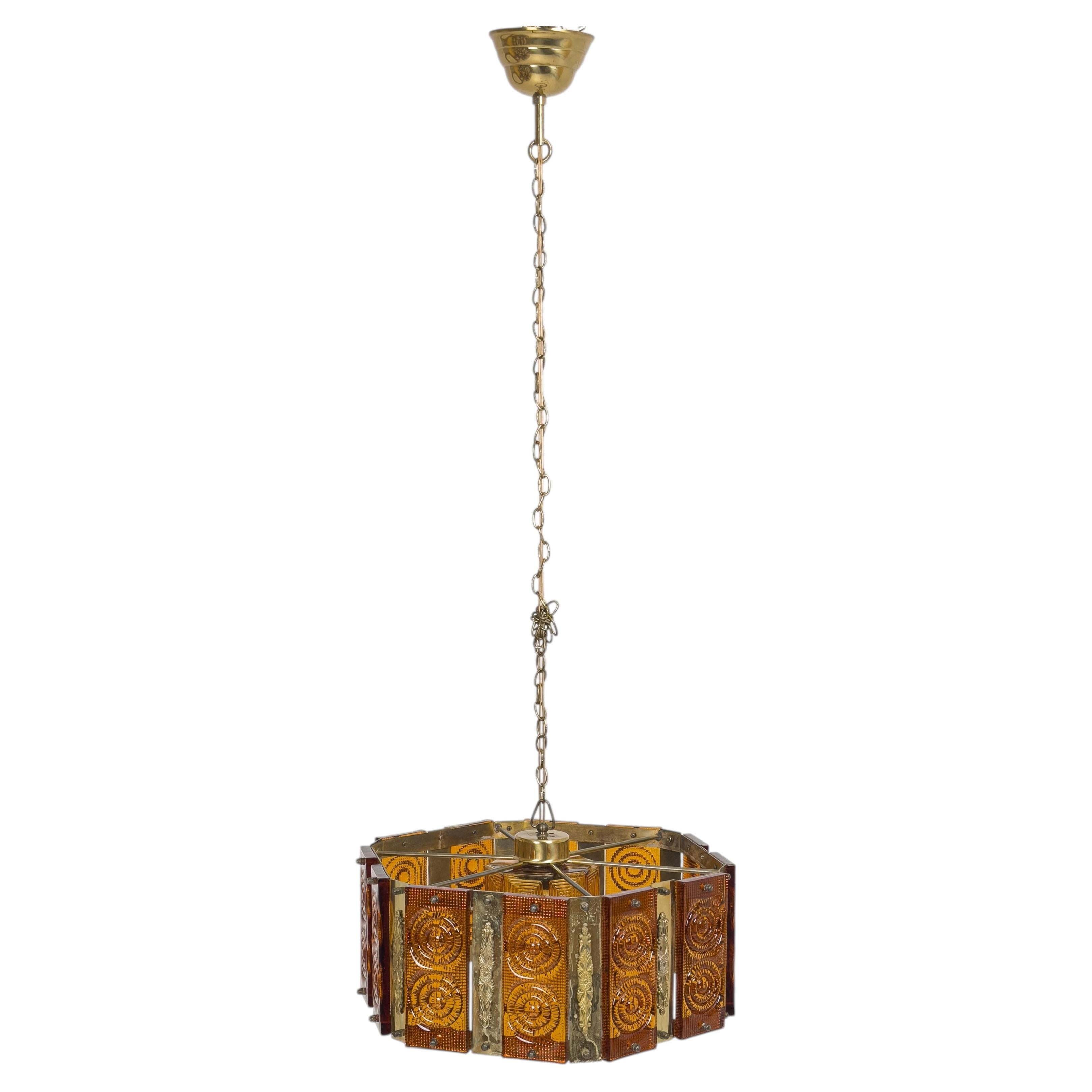 Swedish Mid-Century Modern Brass and Amber glass Pendant Light, 1960s