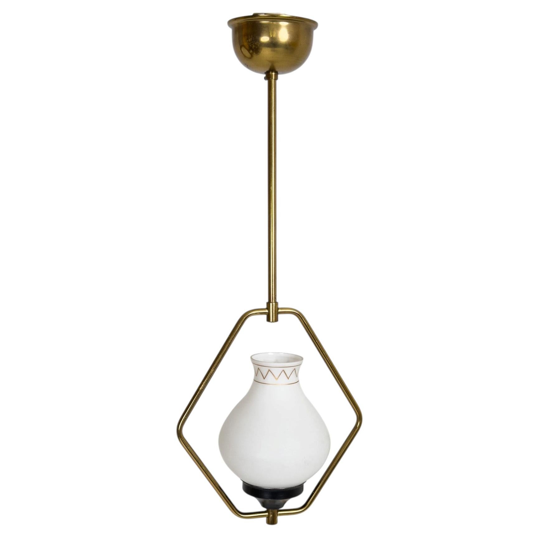 Swedish Mid-Century Modern Pendant Brass Hall Lantern with Opaline Glass, 1960s