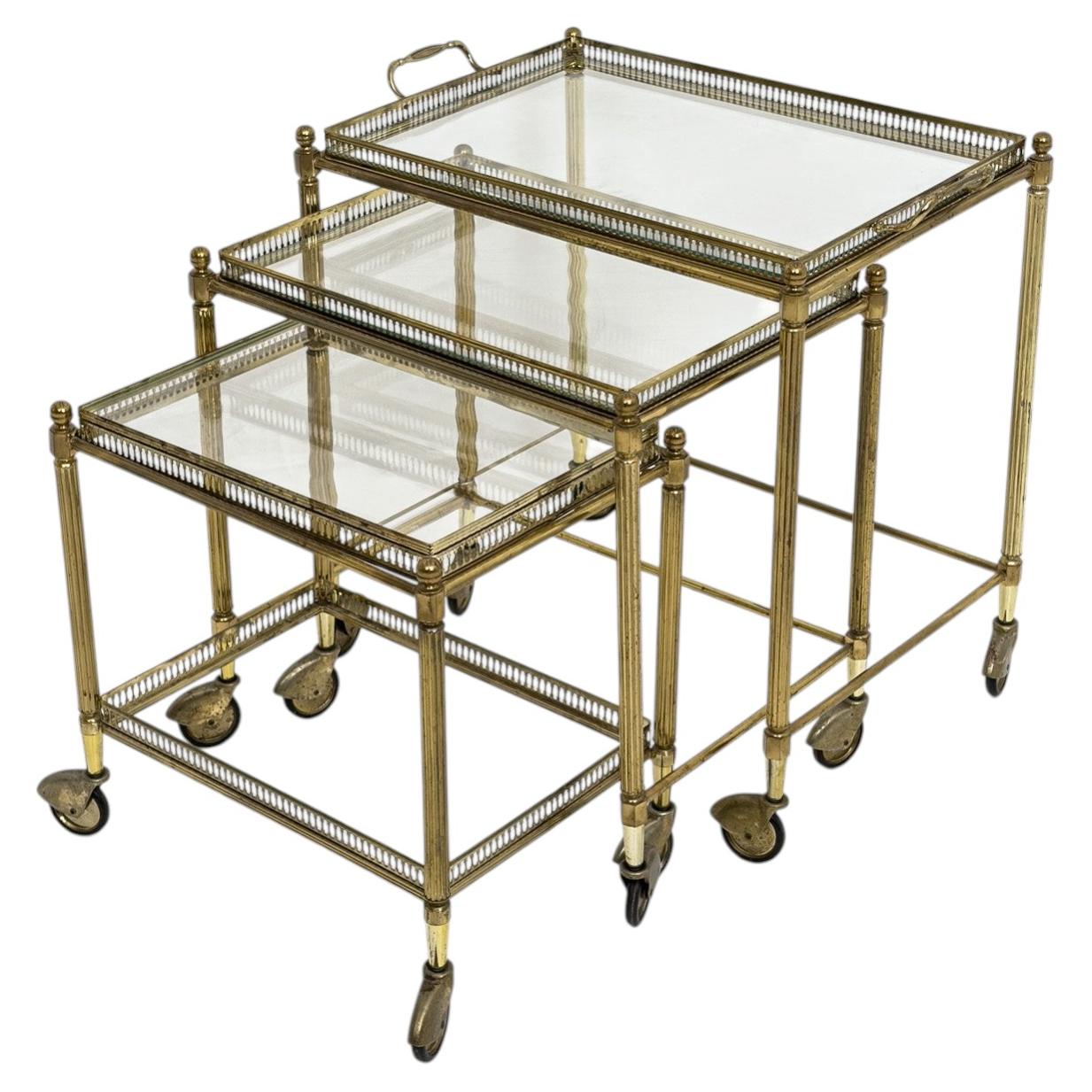 Swedish Mid-Century Modern Brass Nesting Bar Cart Tables with Glass Tops