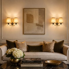 Swedish Mid-Century Modern Brass Wall Sconces with Fabric Shades, Pair