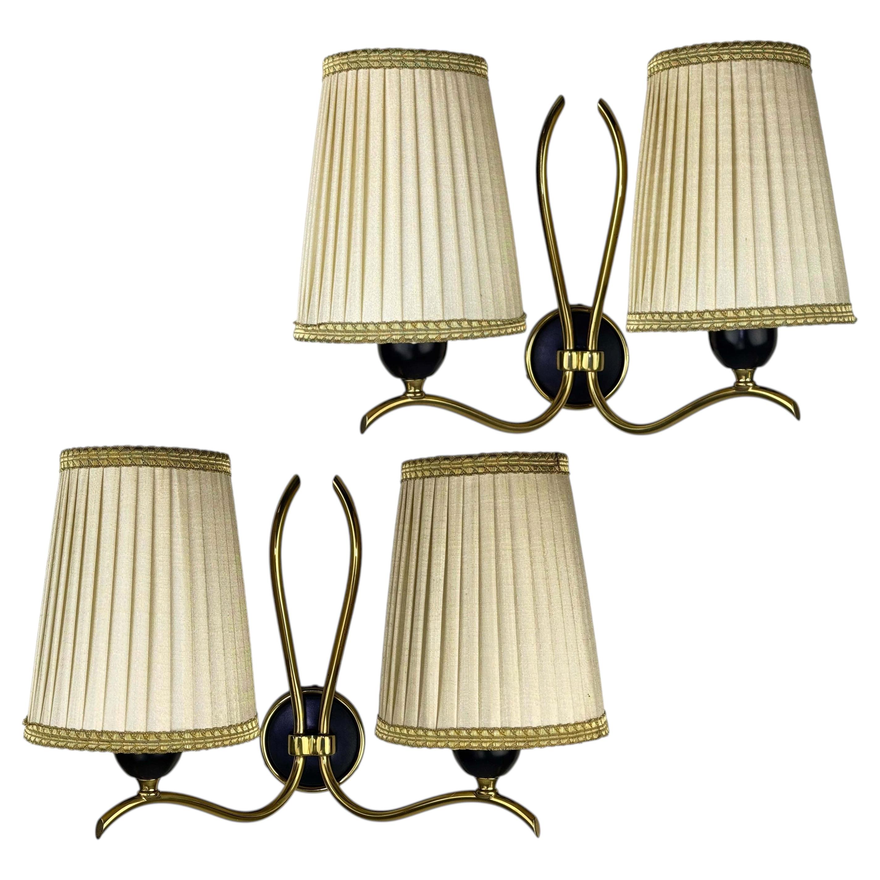 Swedish Mid-Century Modern Brass Wall Sconces with Fabric Shades, Pair For Sale