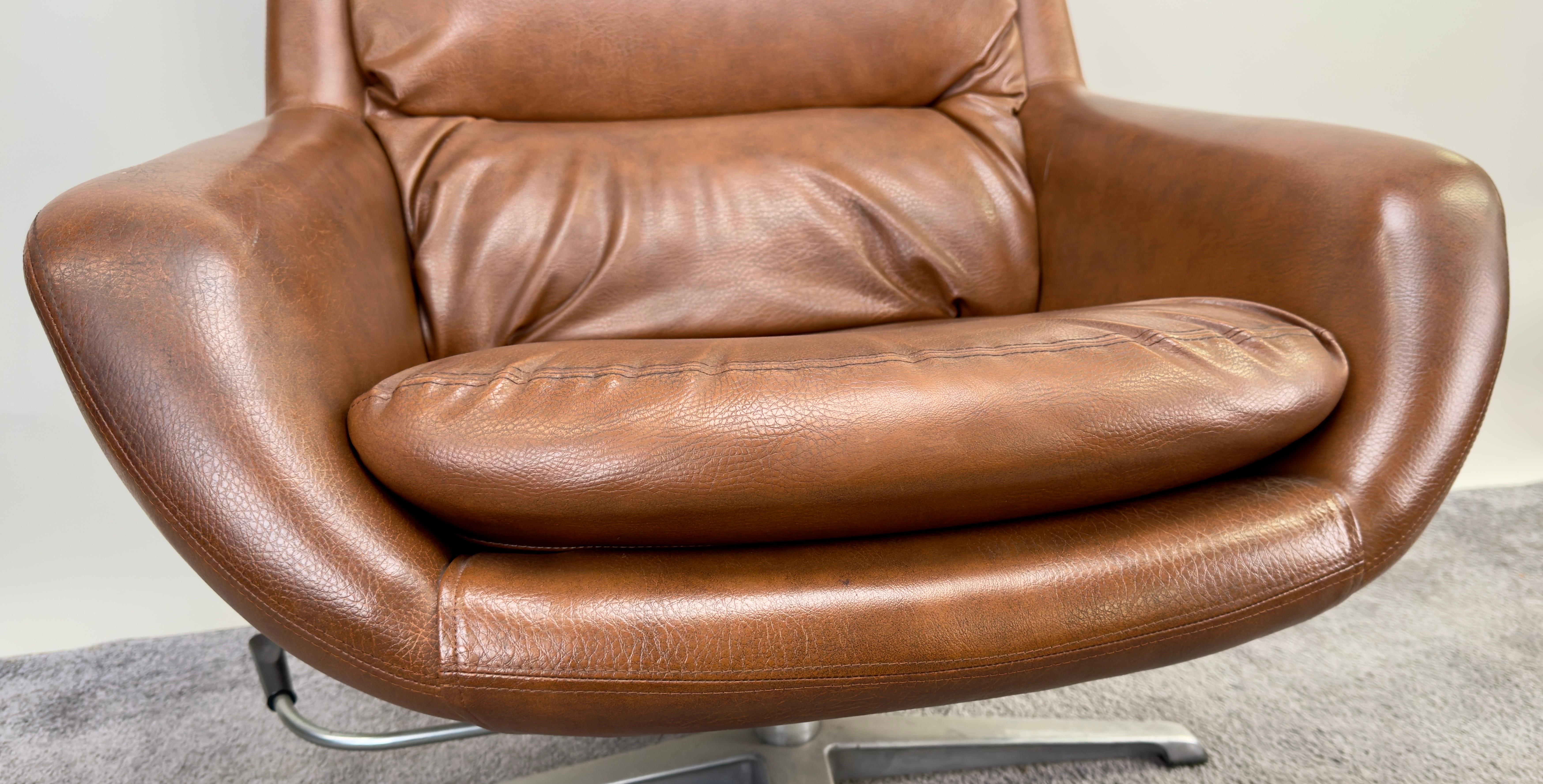 Swedish Mid Century Modern Brown Faux Leather Lounge Chair & Ottoman For Sale 5