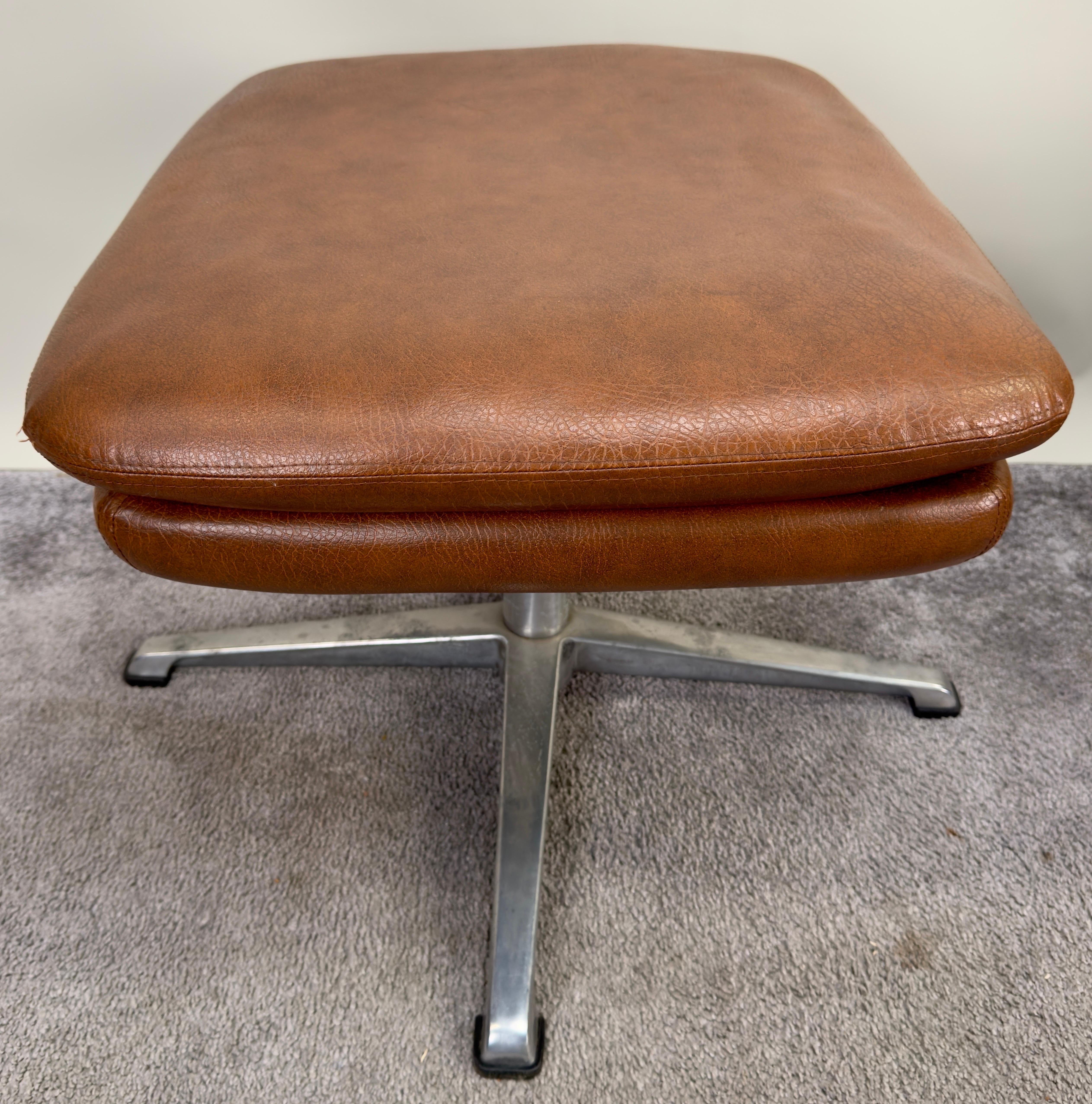 Swedish Mid Century Modern Brown Faux Leather Lounge Chair & Ottoman For Sale 10