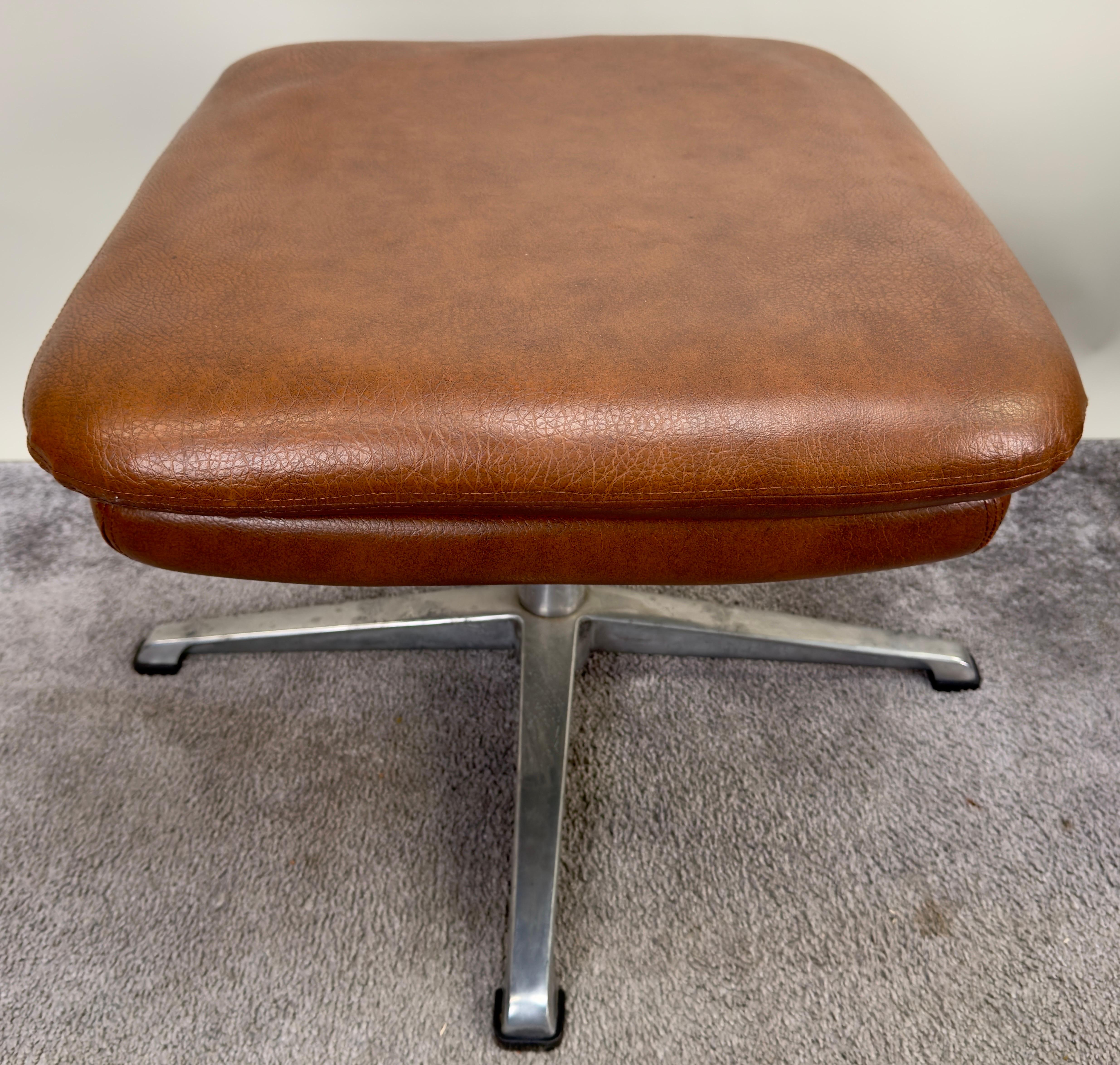 Swedish Mid Century Modern Brown Faux Leather Lounge Chair & Ottoman For Sale 12