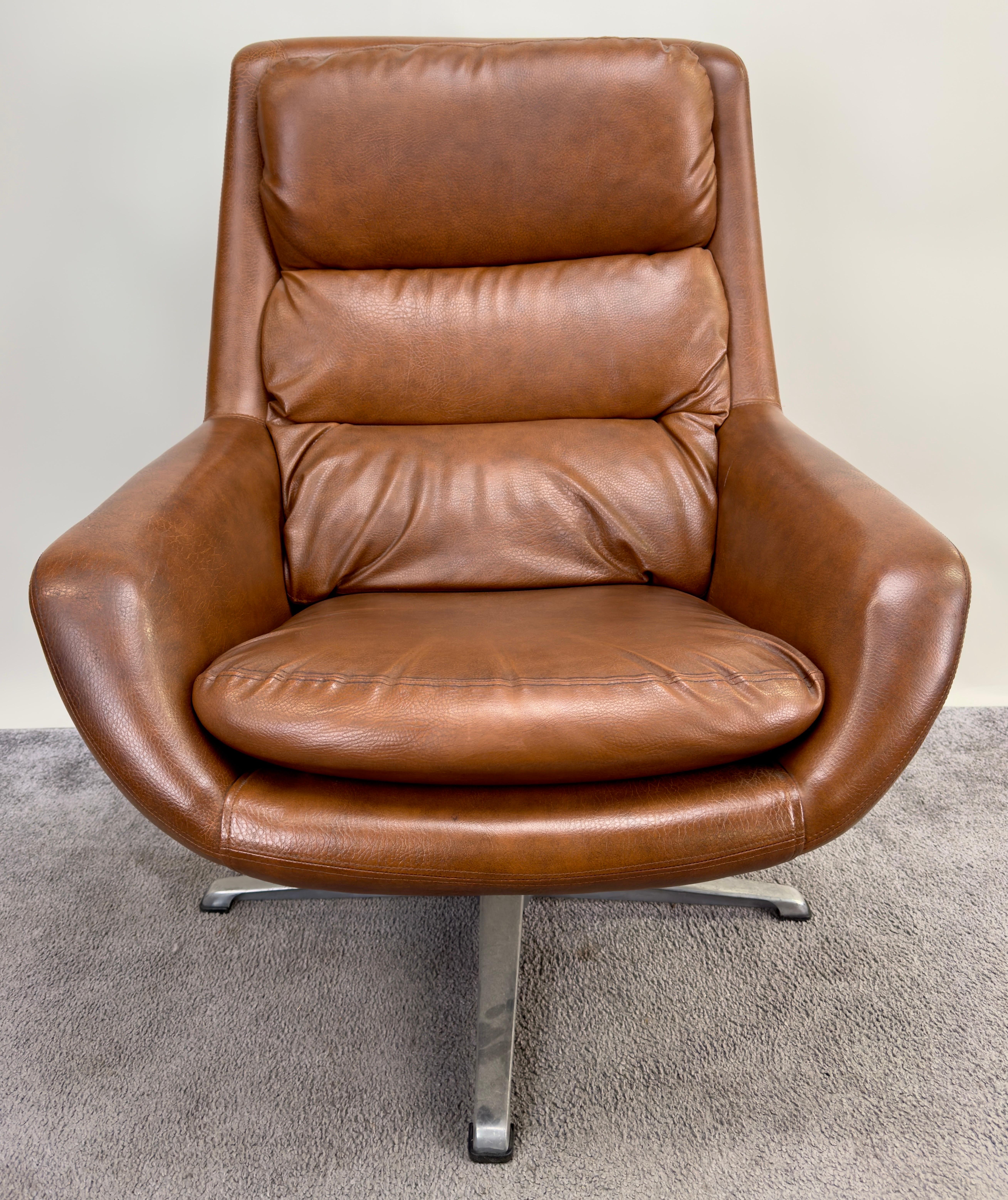 Mid-Century Modern Swedish Mid Century Modern Brown Faux Leather Lounge Chair & Ottoman For Sale