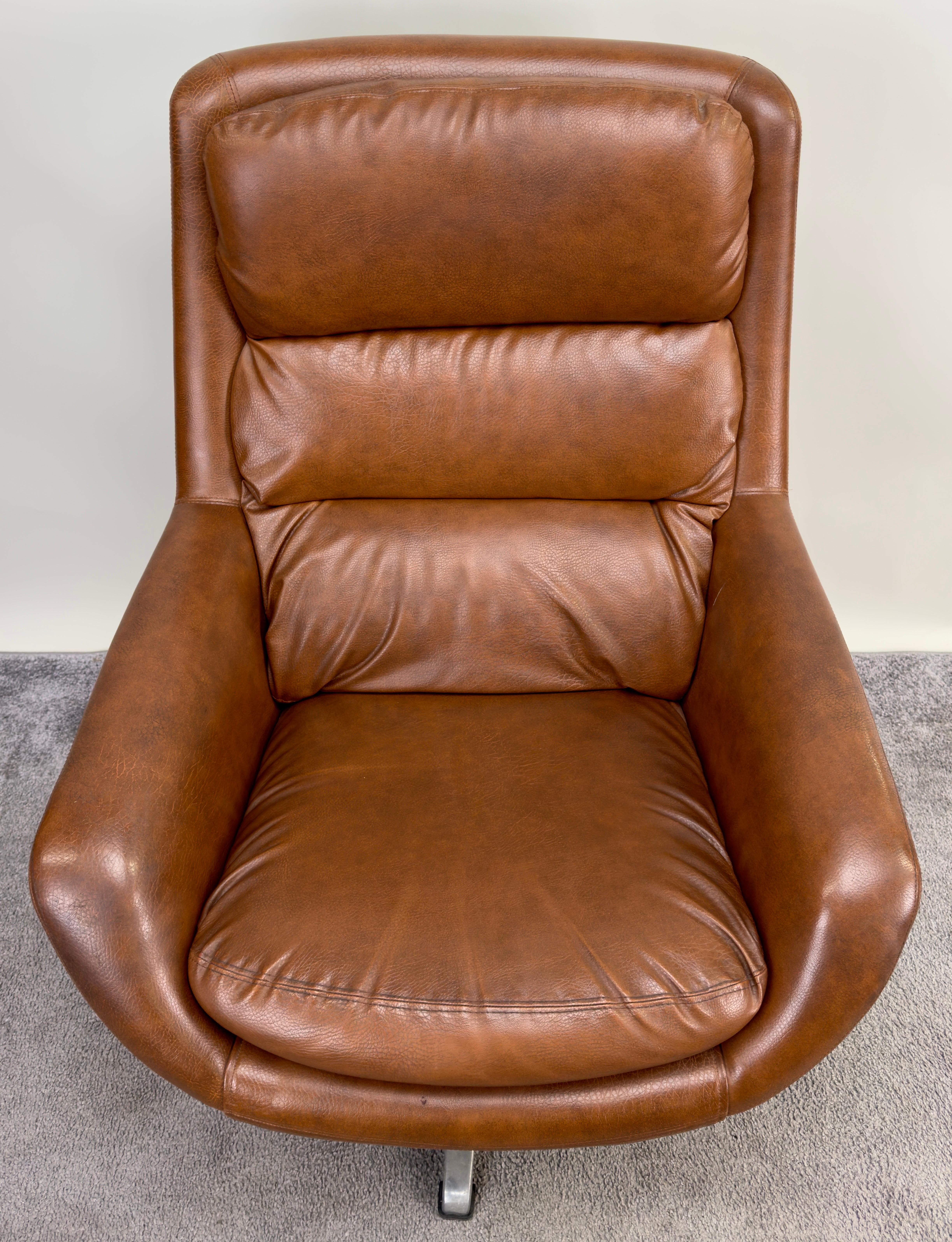 Swedish Mid Century Modern Brown Faux Leather Lounge Chair & Ottoman In Good Condition For Sale In Plainview, NY