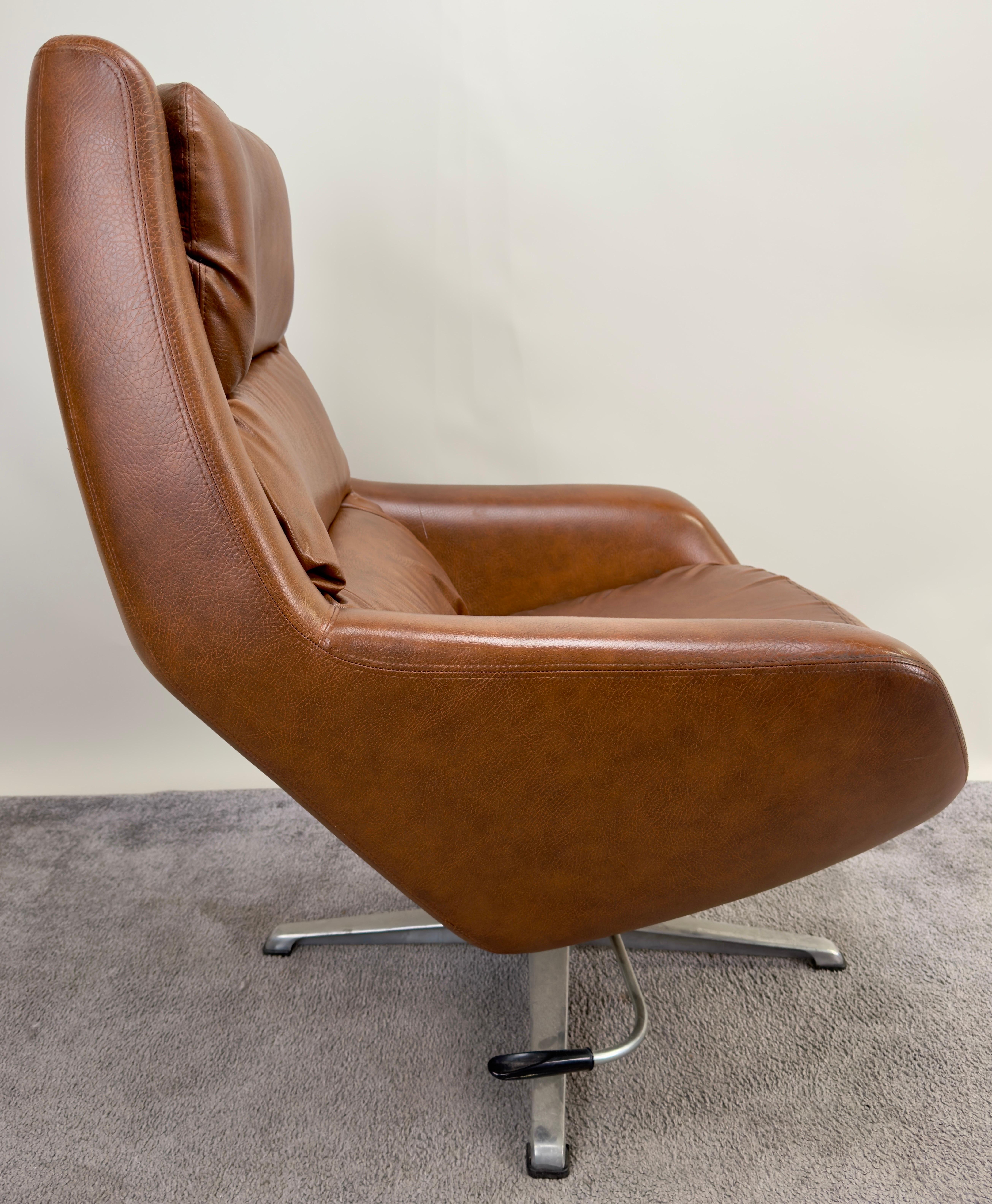 20th Century Swedish Mid Century Modern Brown Faux Leather Lounge Chair & Ottoman For Sale