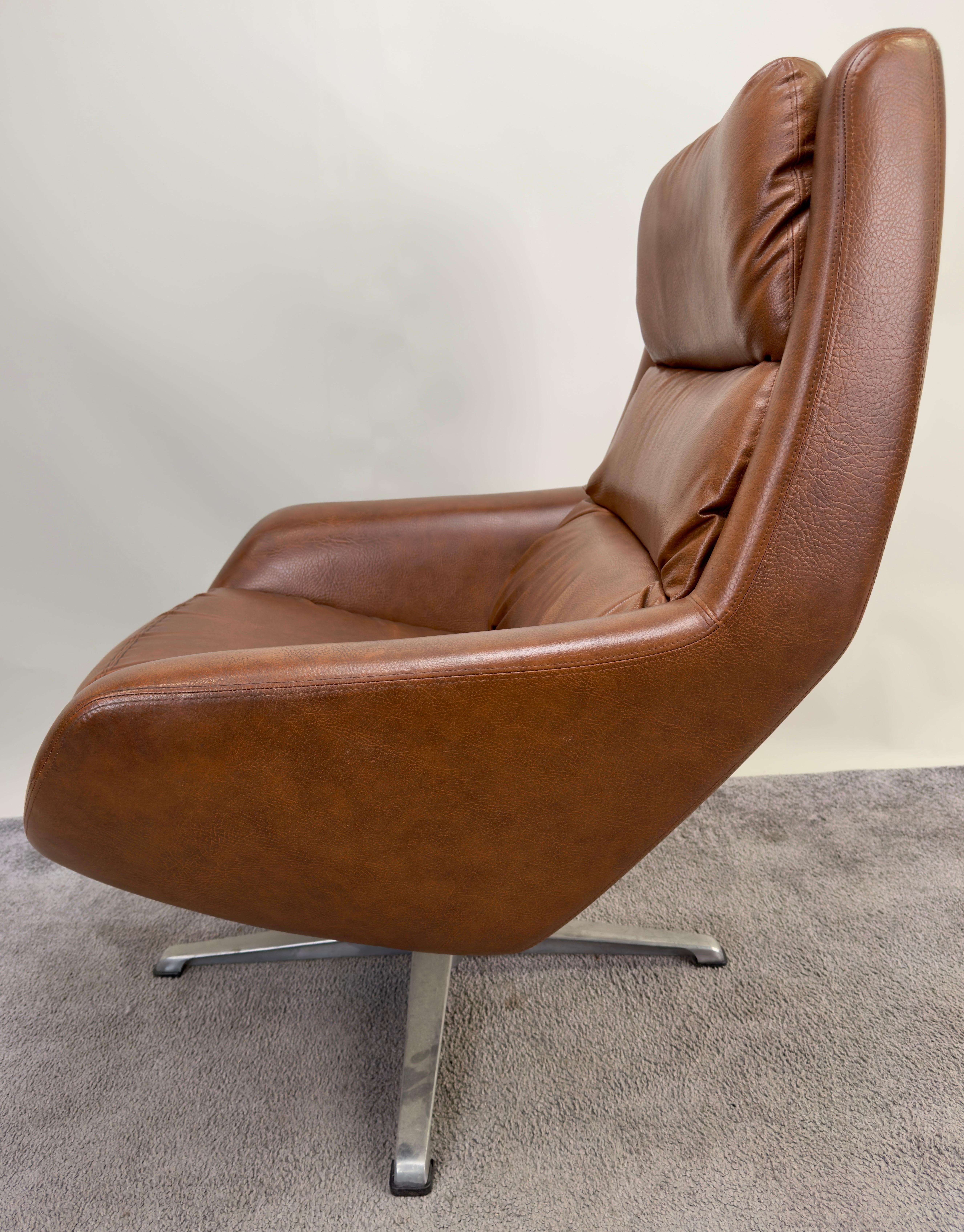 Swedish Mid Century Modern Brown Faux Leather Lounge Chair & Ottoman For Sale 2