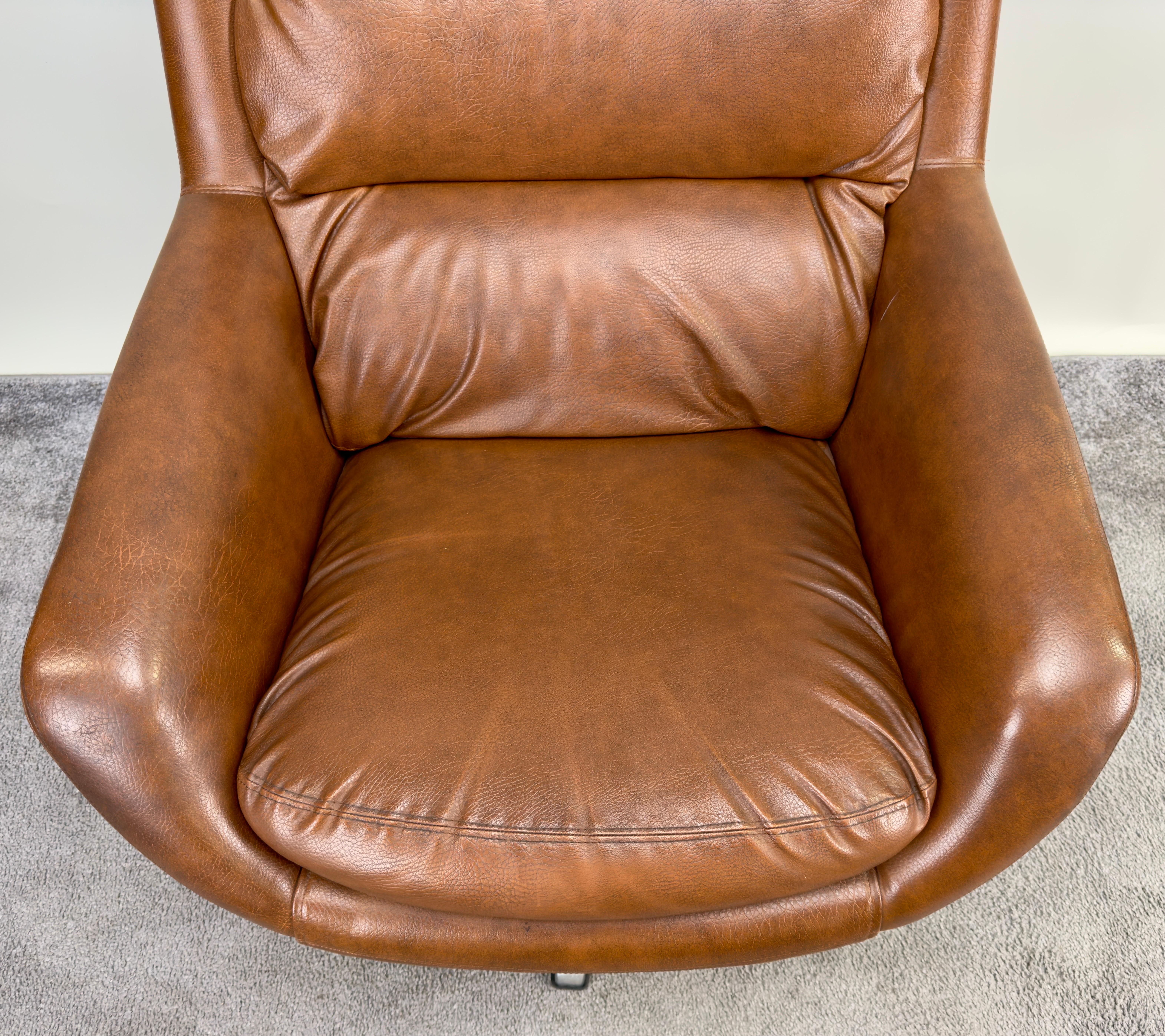 Swedish Mid Century Modern Brown Faux Leather Lounge Chair & Ottoman For Sale 4