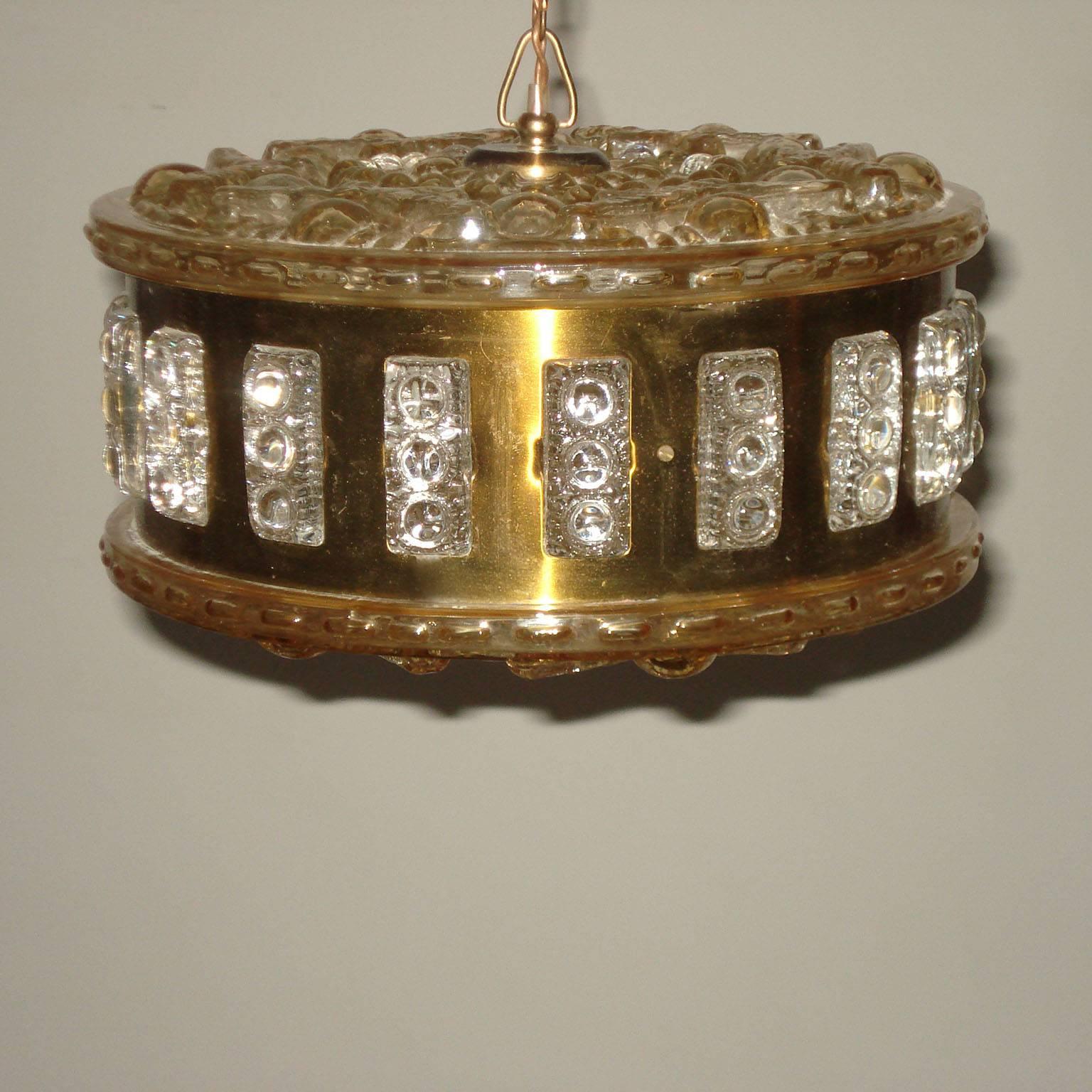 Glass Swedish Mid-Century Modern Ceiling Light Brass and Crystal For Sale