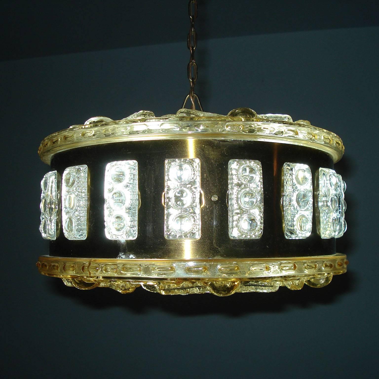 Swedish Mid-Century Modern Ceiling Light Brass and Crystal For Sale 2