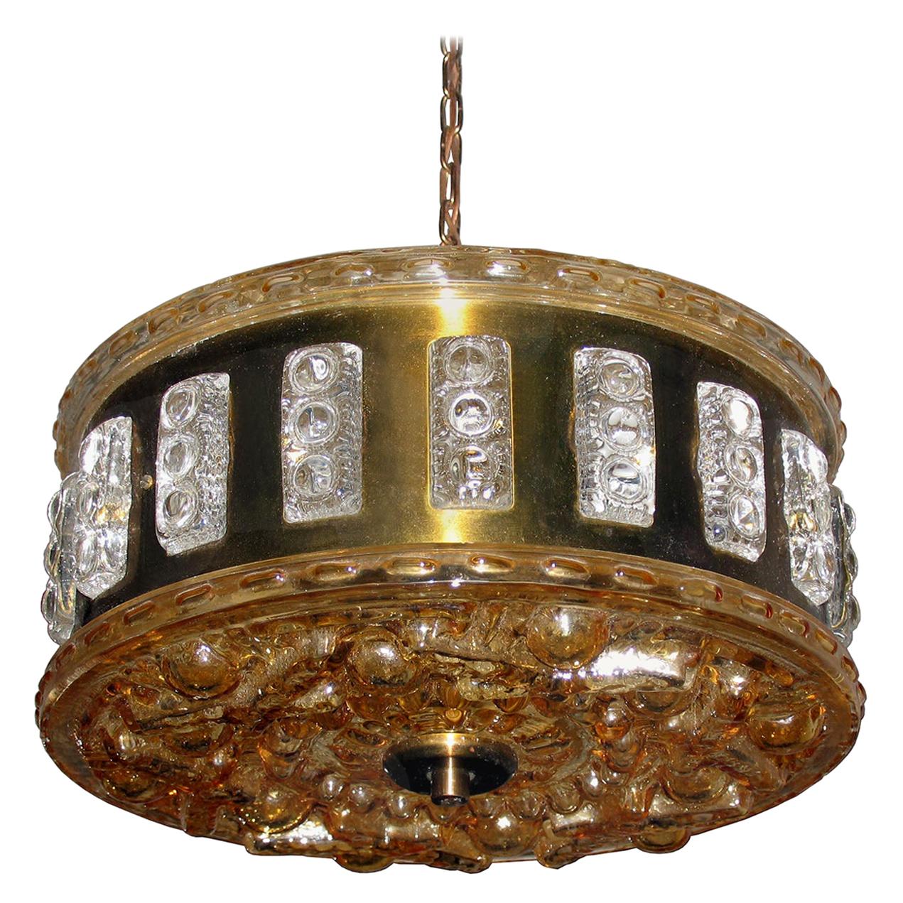Swedish Mid-Century Modern Ceiling Light Brass and Crystal For Sale