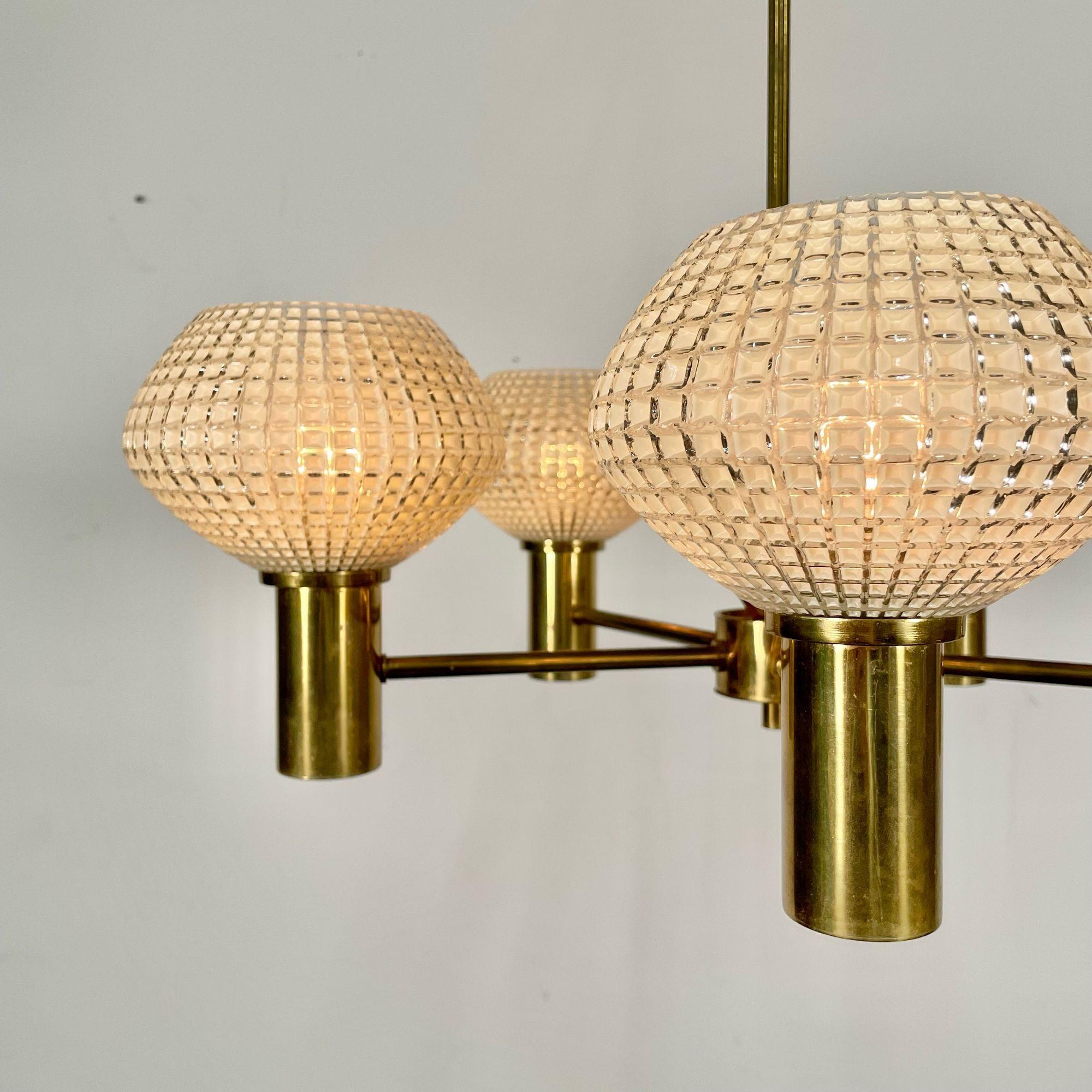 Swedish Mid-Century Modern Chandelier, Five Light, Brass and Textured Glass For Sale 6