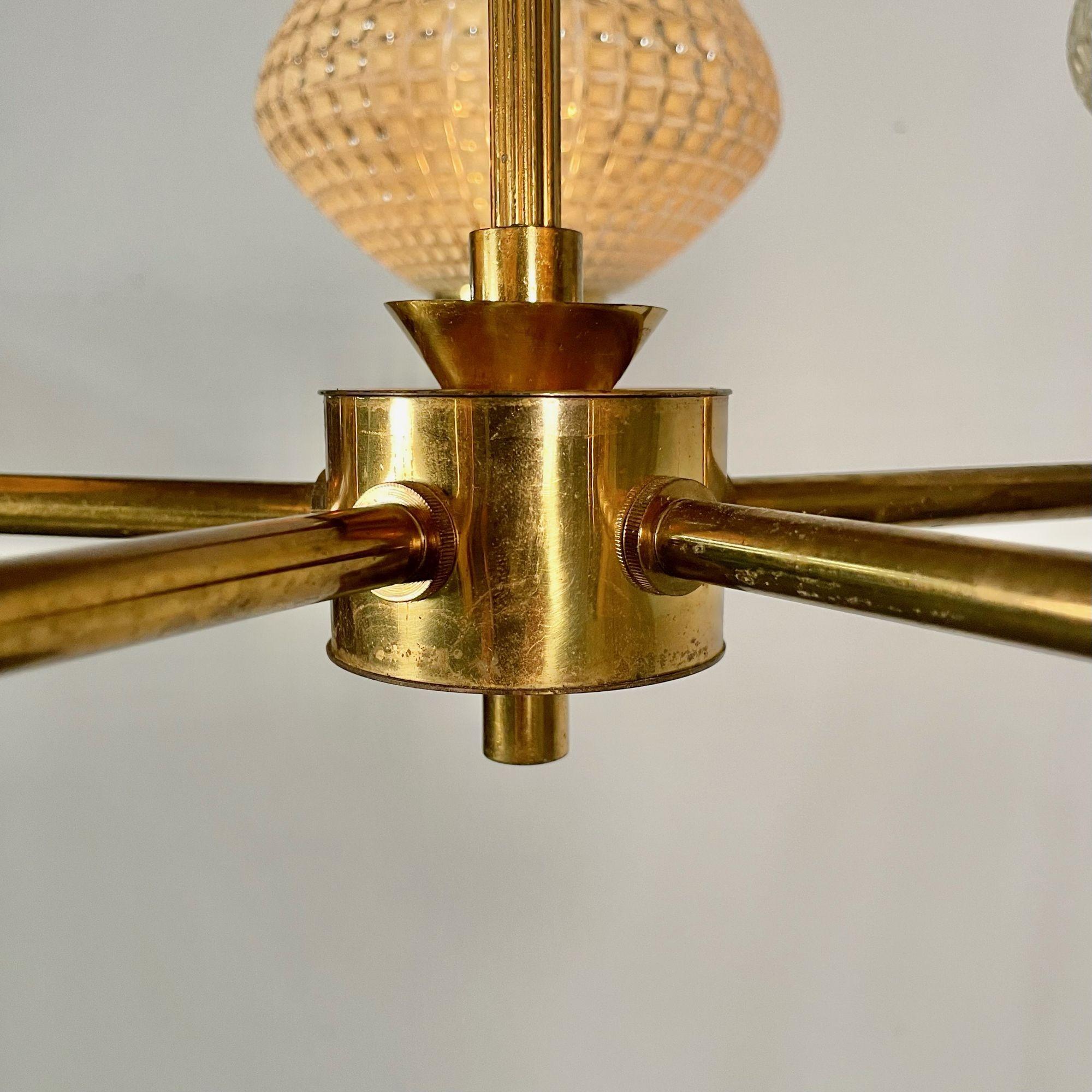 Swedish Mid-Century Modern Chandelier, Five Light, Brass and Textured Glass For Sale 7