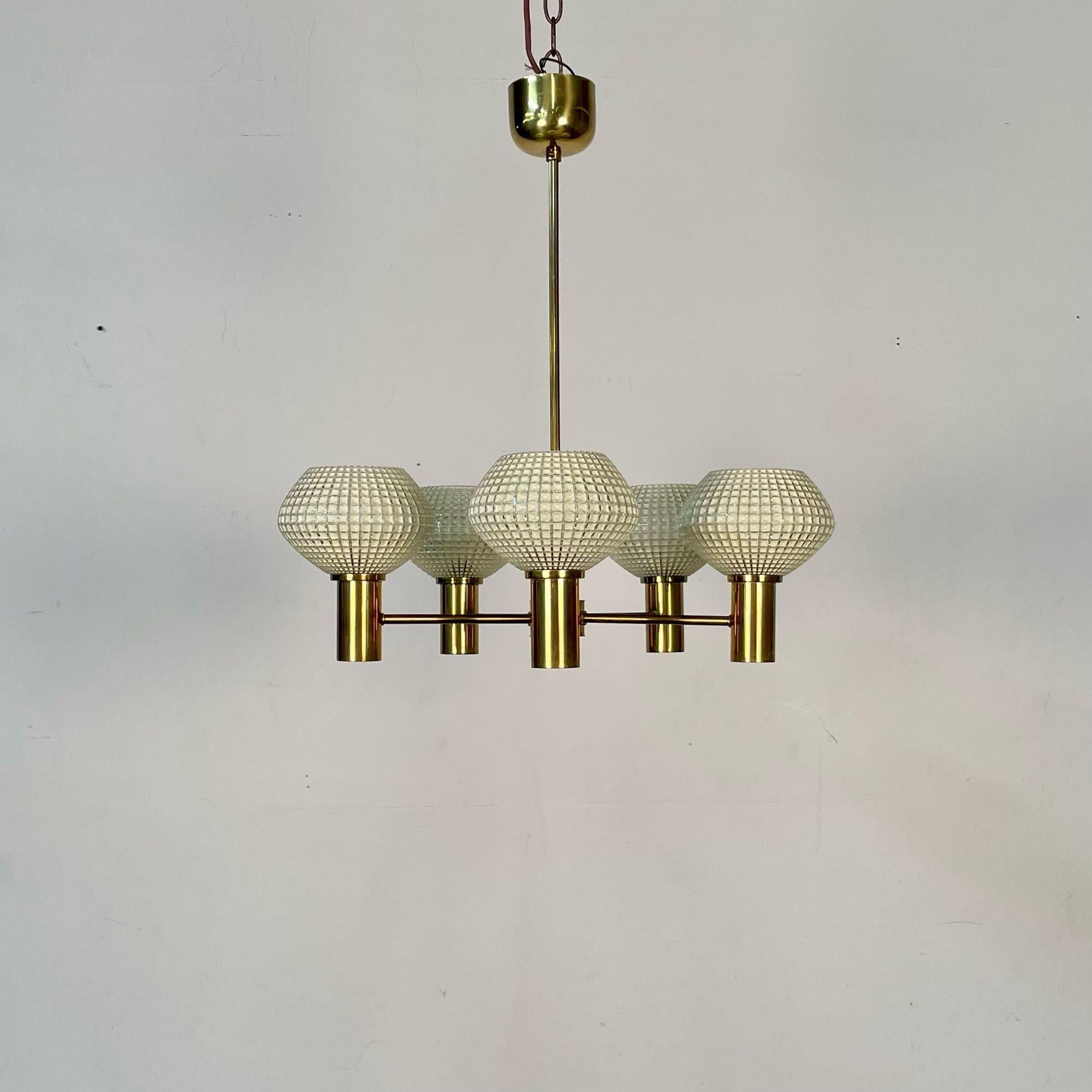 Swedish Mid-Century Modern Chandelier, Five Light, Brass and Textured Glass For Sale 10