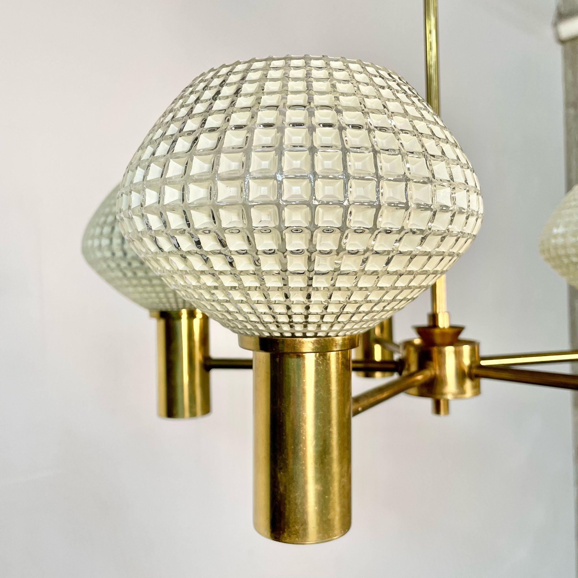 Swedish Mid-Century Modern Chandelier, Five Light, Brass and Textured Glass For Sale 12