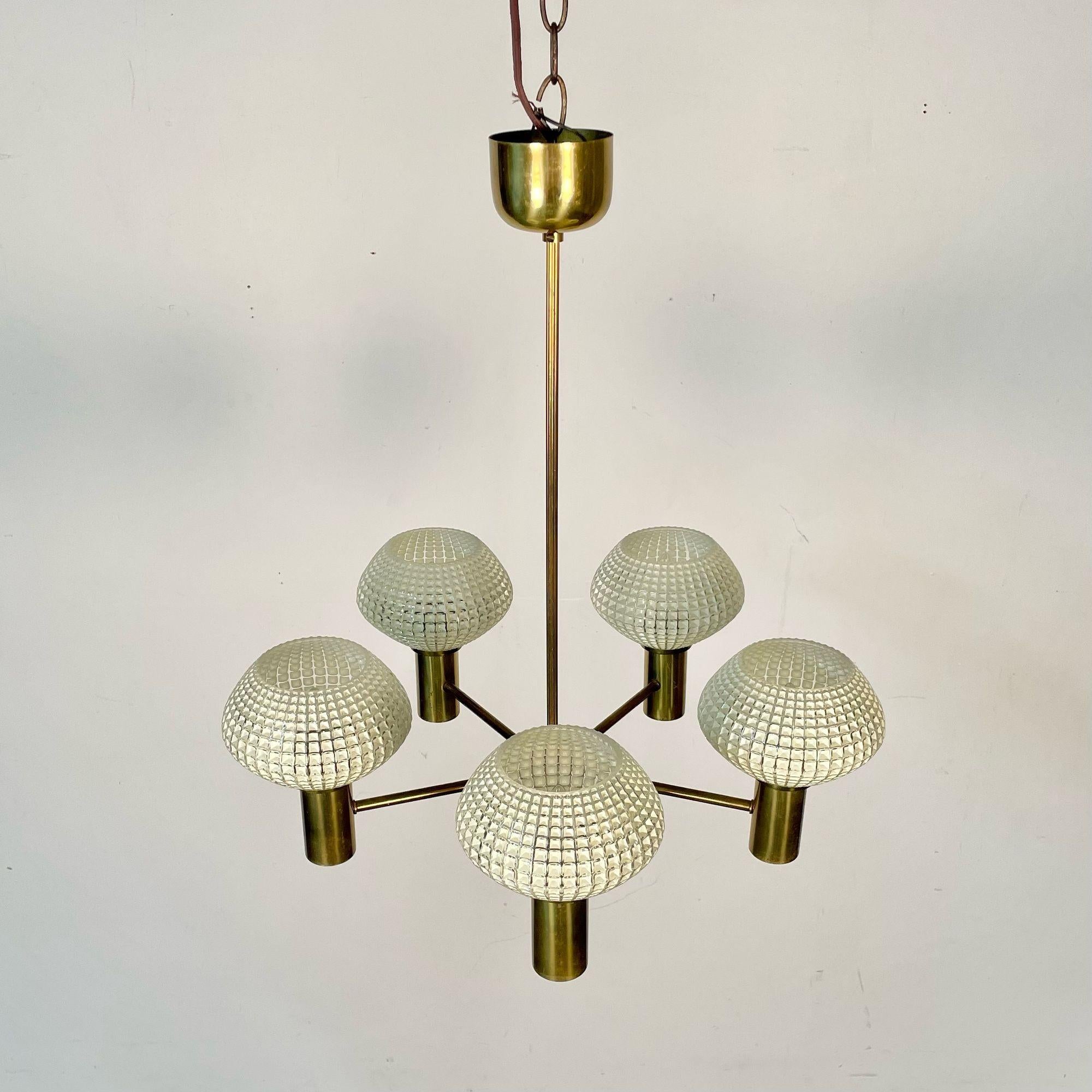 Swedish Mid-Century Modern Chandelier, Five Light, Brass and Textured Glass For Sale 13