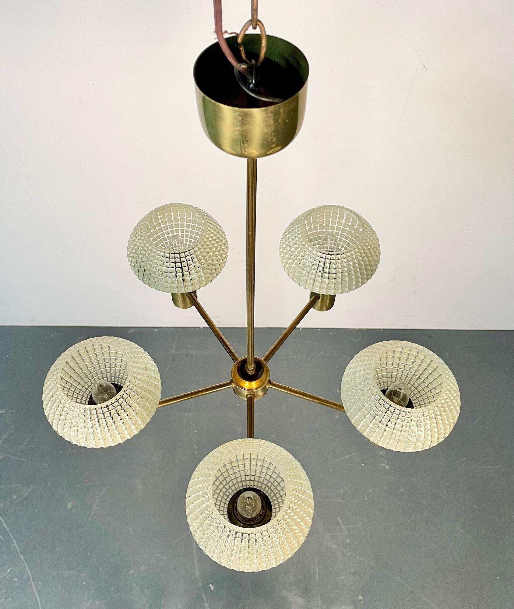Swedish Mid-Century Modern Chandelier, Five Light, Brass and Textured Glass For Sale 15