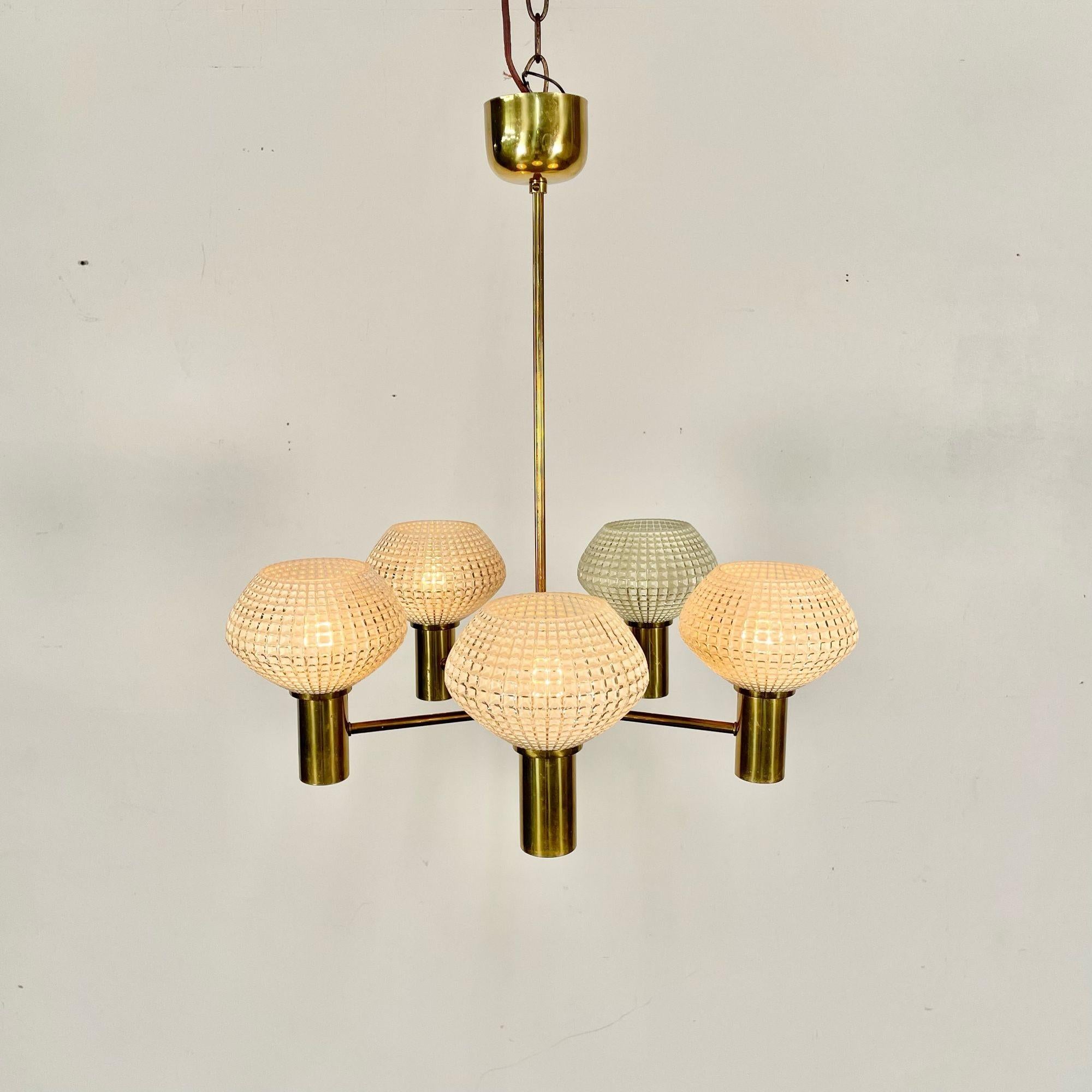 Swedish Mid-Century Modern Chandelier, Five Light, Brass and Textured Glass In Good Condition For Sale In Stamford, CT