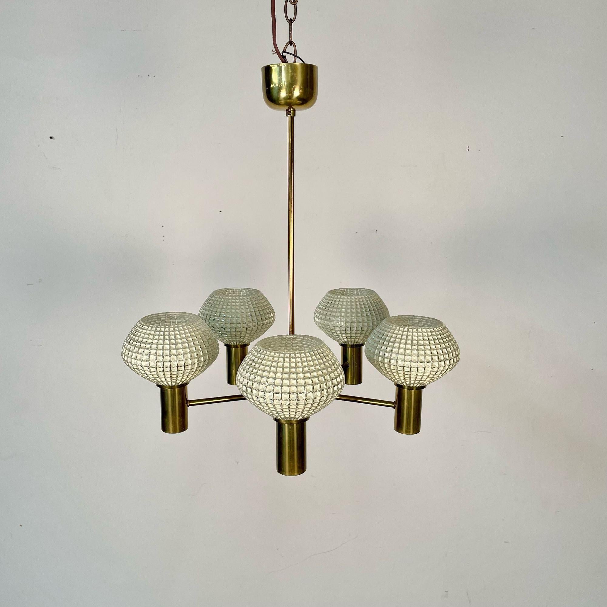 Mid-20th Century Swedish Mid-Century Modern Chandelier, Five Light, Brass and Textured Glass For Sale