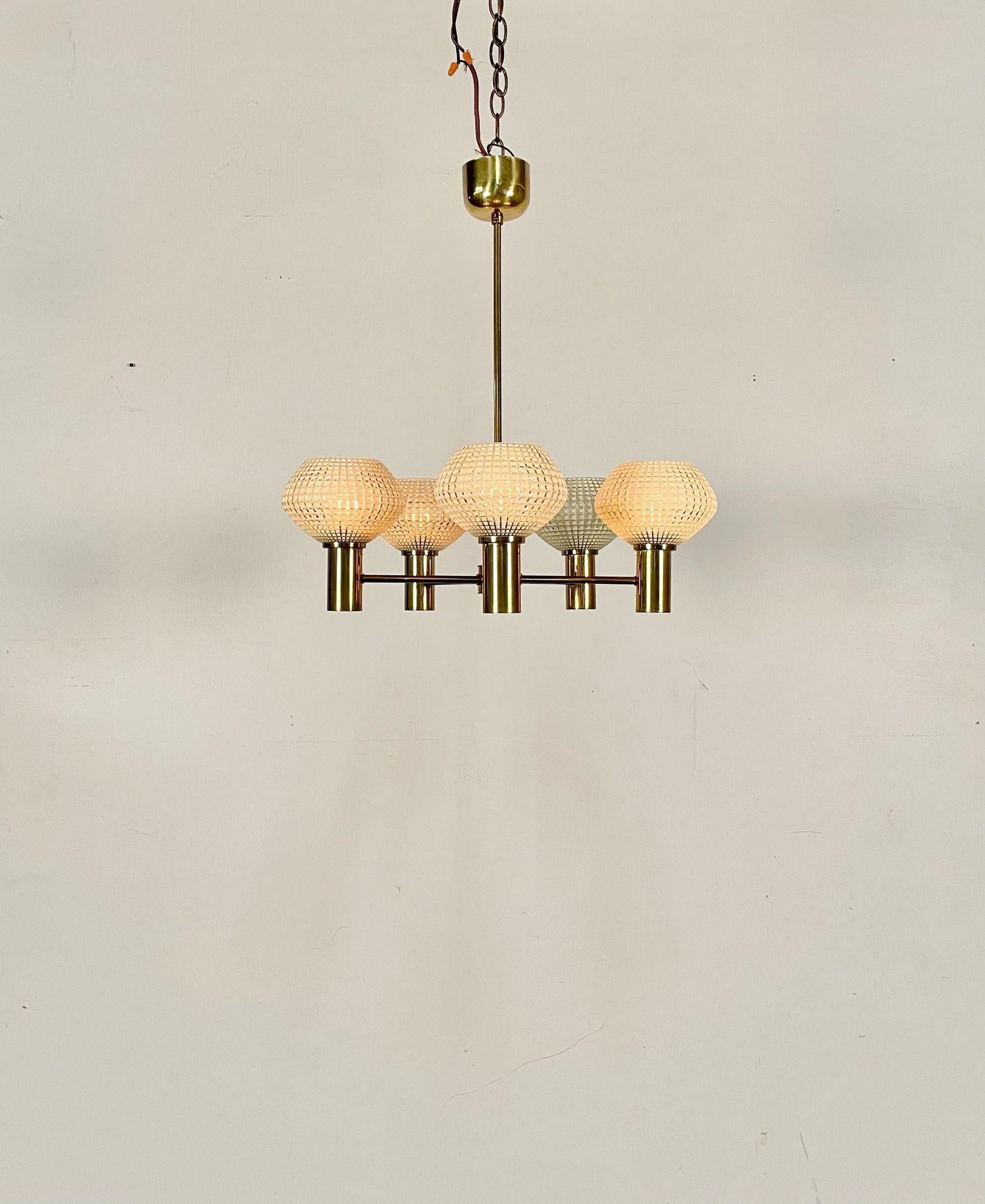 Swedish Mid-Century Modern Chandelier, Five Light, Brass and Textured Glass For Sale 2
