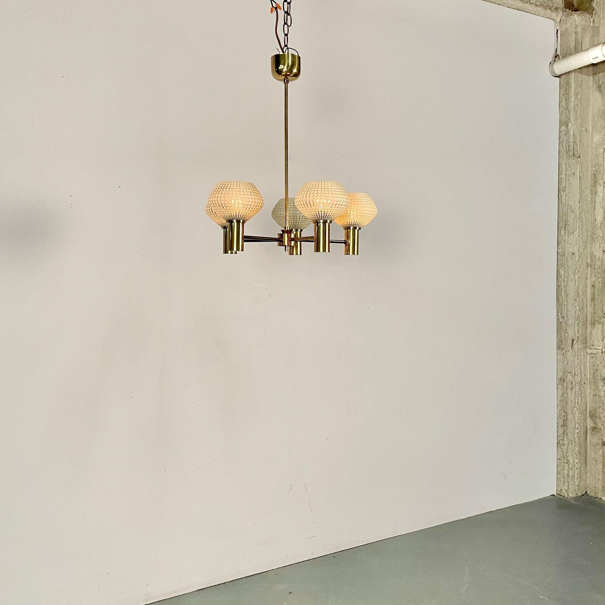 Swedish Mid-Century Modern Chandelier, Five Light, Brass and Textured Glass For Sale 4