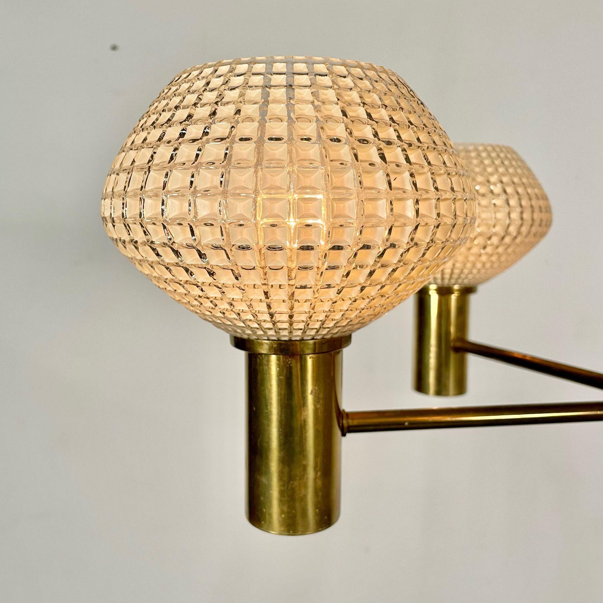 Swedish Mid-Century Modern Chandelier, Five Light, Brass and Textured Glass For Sale 5