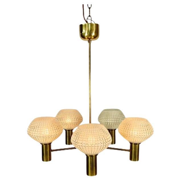 Swedish Mid-Century Modern Chandelier, Five Light, Brass and Textured Glass